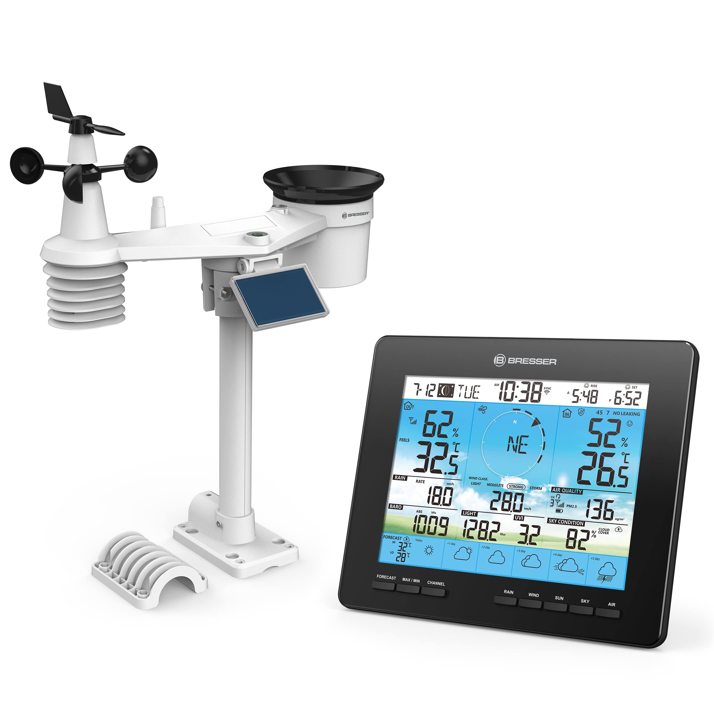 خرید از آمازون - ایستگاه هواشناسی بی سیم 4CAST 6 روزه Bresser مرکز هواشناسی PRO WLAN خورشیدی 7 در 1 با باد و باران سنج Weather Center 7 in 1 single