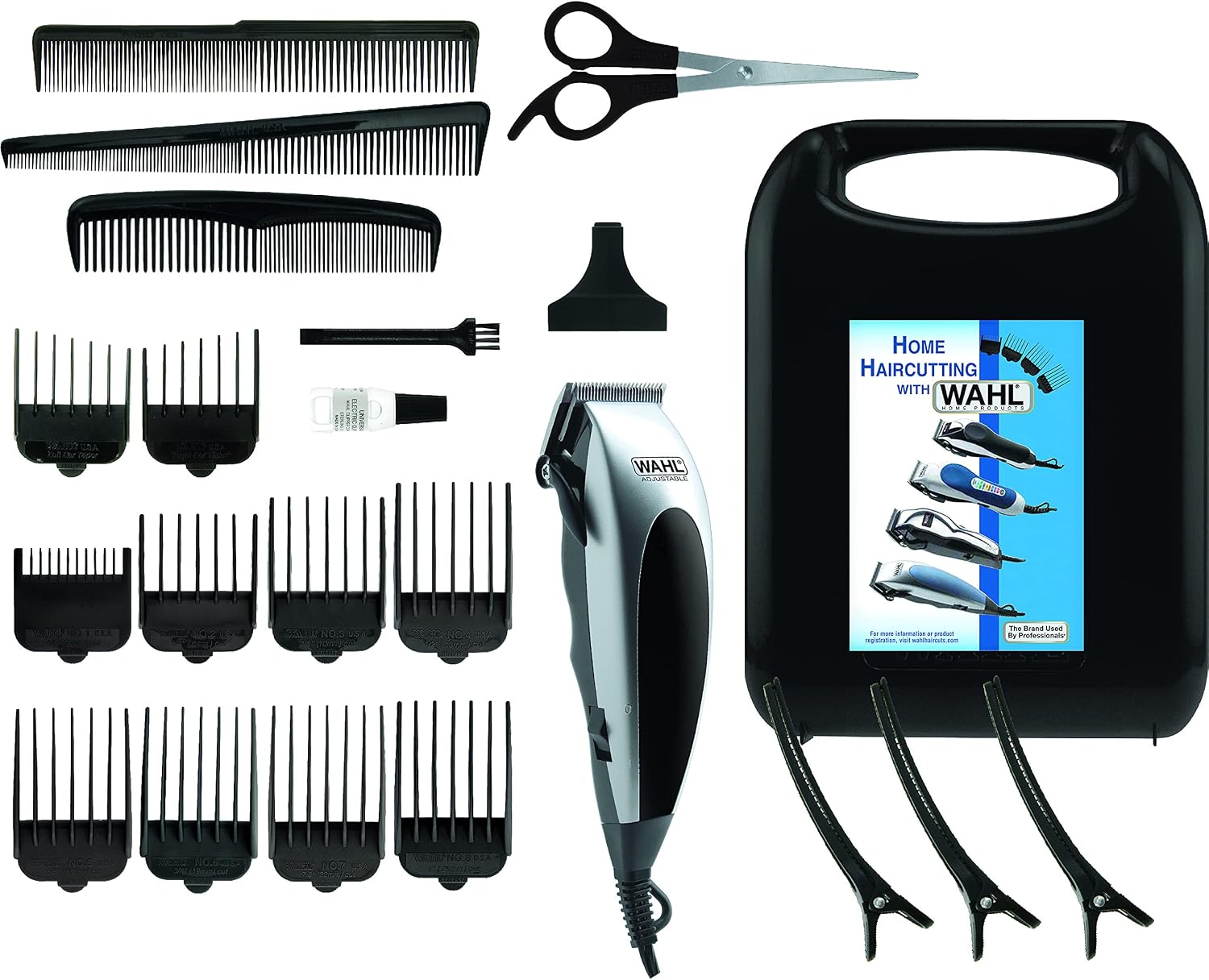 ماشین اصلاح موی سر و ریش تراش صورت برقی وال آمریکا Wahl Home Pro، اصلاح کننده مو برای مردان، کوتاه کردن مو در خانه، ست قیچی مردانه، ست آرایش مردانه، برش برقی برقی، تیغه های برش دقیق نقره ای مشکی 1 Unité (Lot de 1)