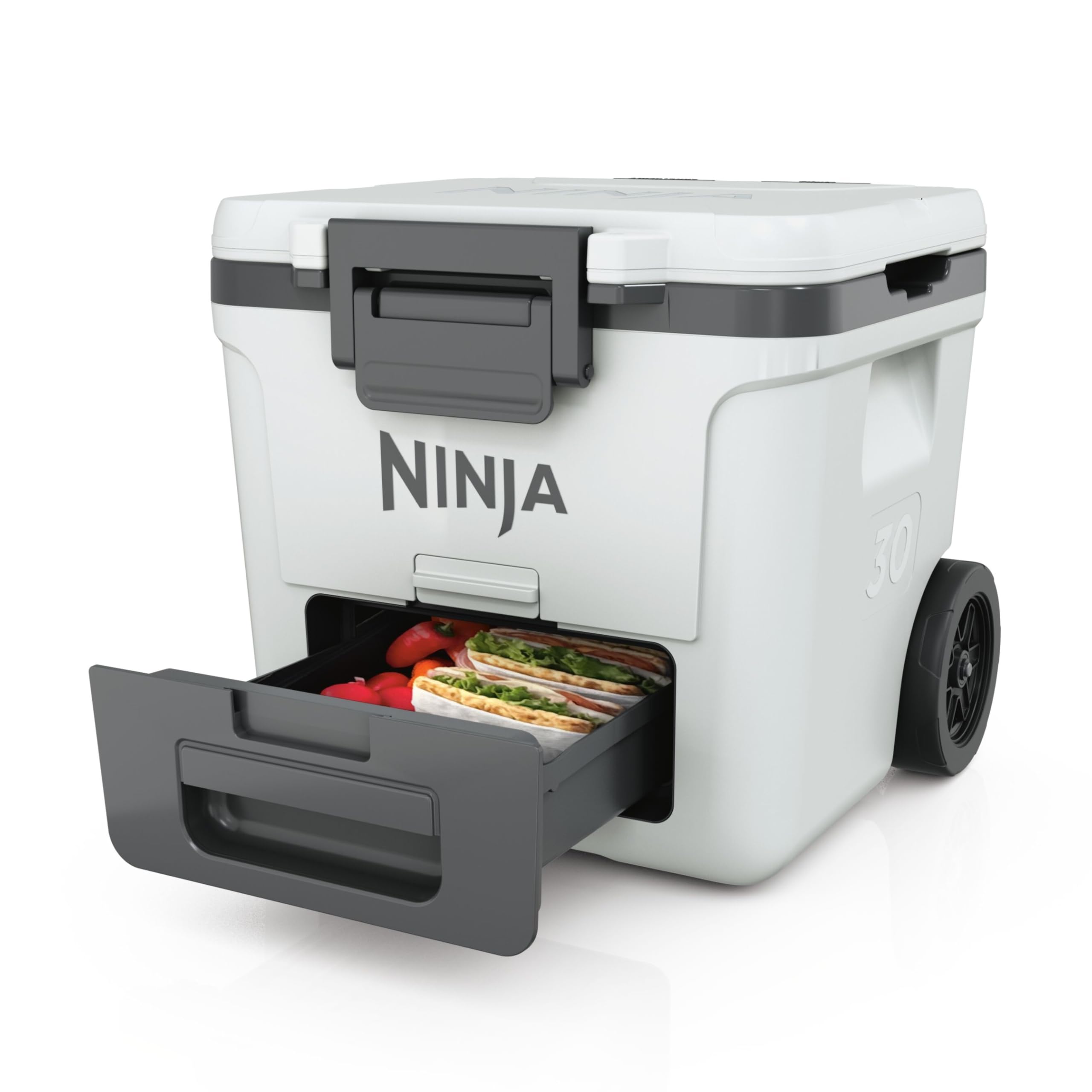 یخدان چرخدار عایق‌دار Ninja FrostVault با کشوی یکپارچه مخصوص منطقه خشک برای نگهداری در دمای یخچال، یخ را برای چند روز نگه می‌دارد، تا ۴۸ قوطی را در خود جای می‌دهد، سفید ابری، FB230EUWH