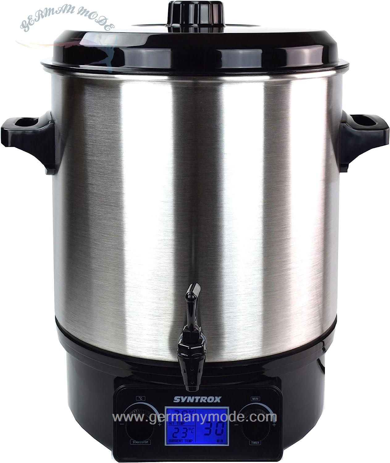 بخار پز گرم کن نوشیدنی سینتروکس آلمان Syntrox Elektrischer Edelstahl Einkochautomat Glühweinkocher mit Zapfhahn GK 2000W SS 27 Liter De Luxe