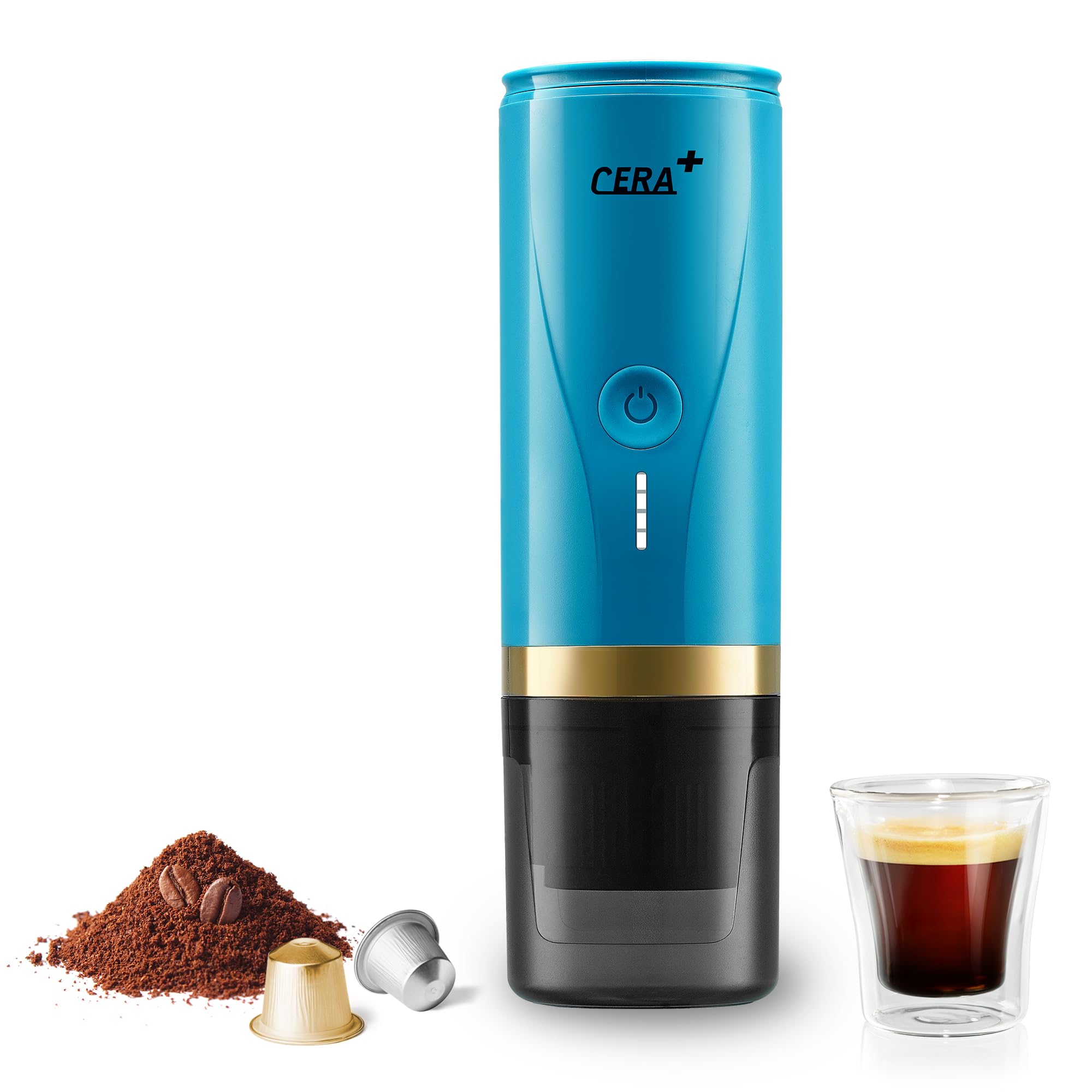 خرید از آمازون - دستگاه اسپرسوساز برقی قابل حمل CERA+ خود گرمایش در 3-4 دقیقه، قهوه ساز مینی 20 بار با باتری قابل شارژ. سازگار با کپسول NS و قهوه زمینی برای سفر و کمپینگ (Blau)