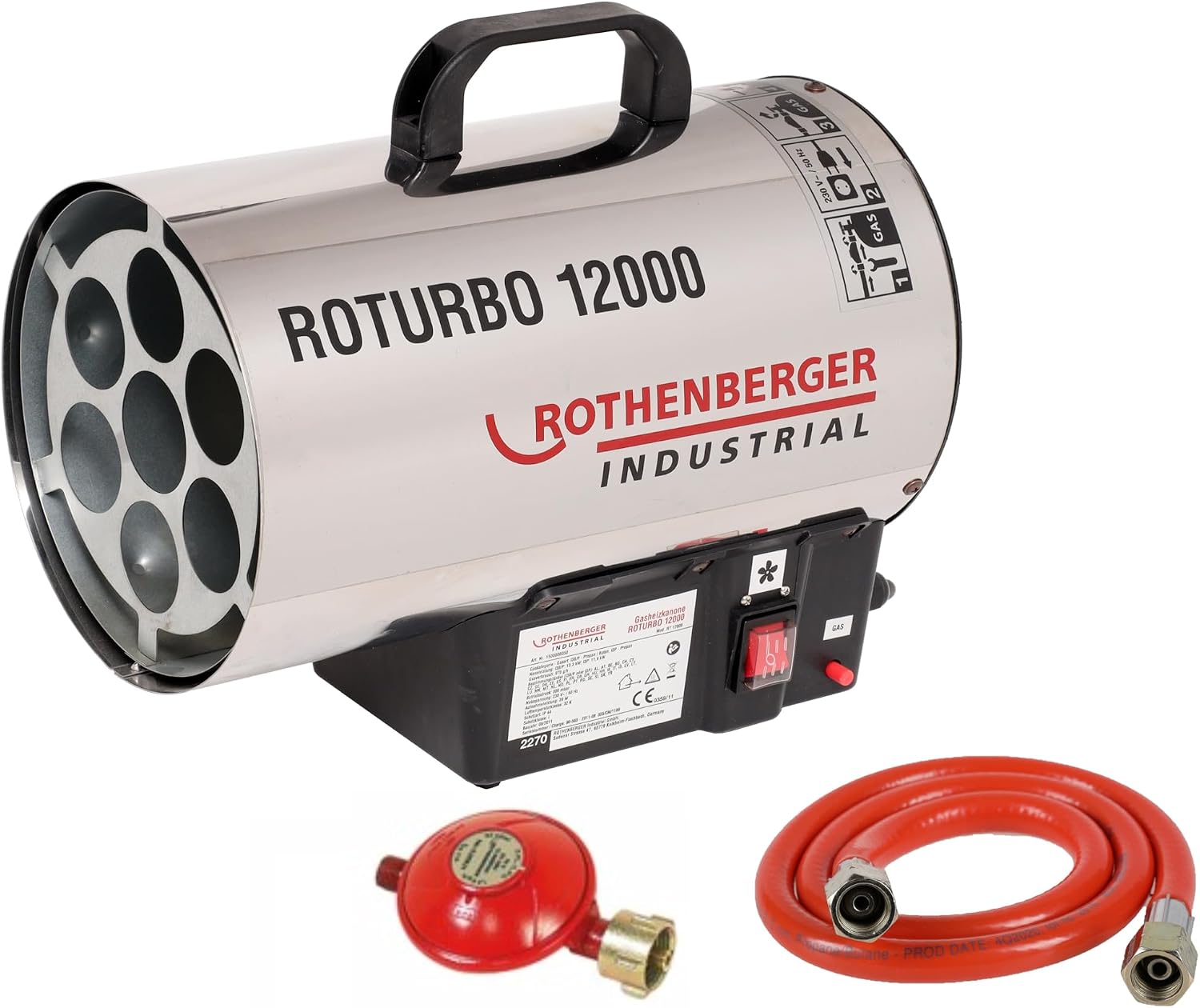 بخاری صنعتی گازی روتنبرگر آلمان Rothenberger RoTurbo 12000 با پیزو، شلنگ و رگلاتور | توان 13.3 کیلووات