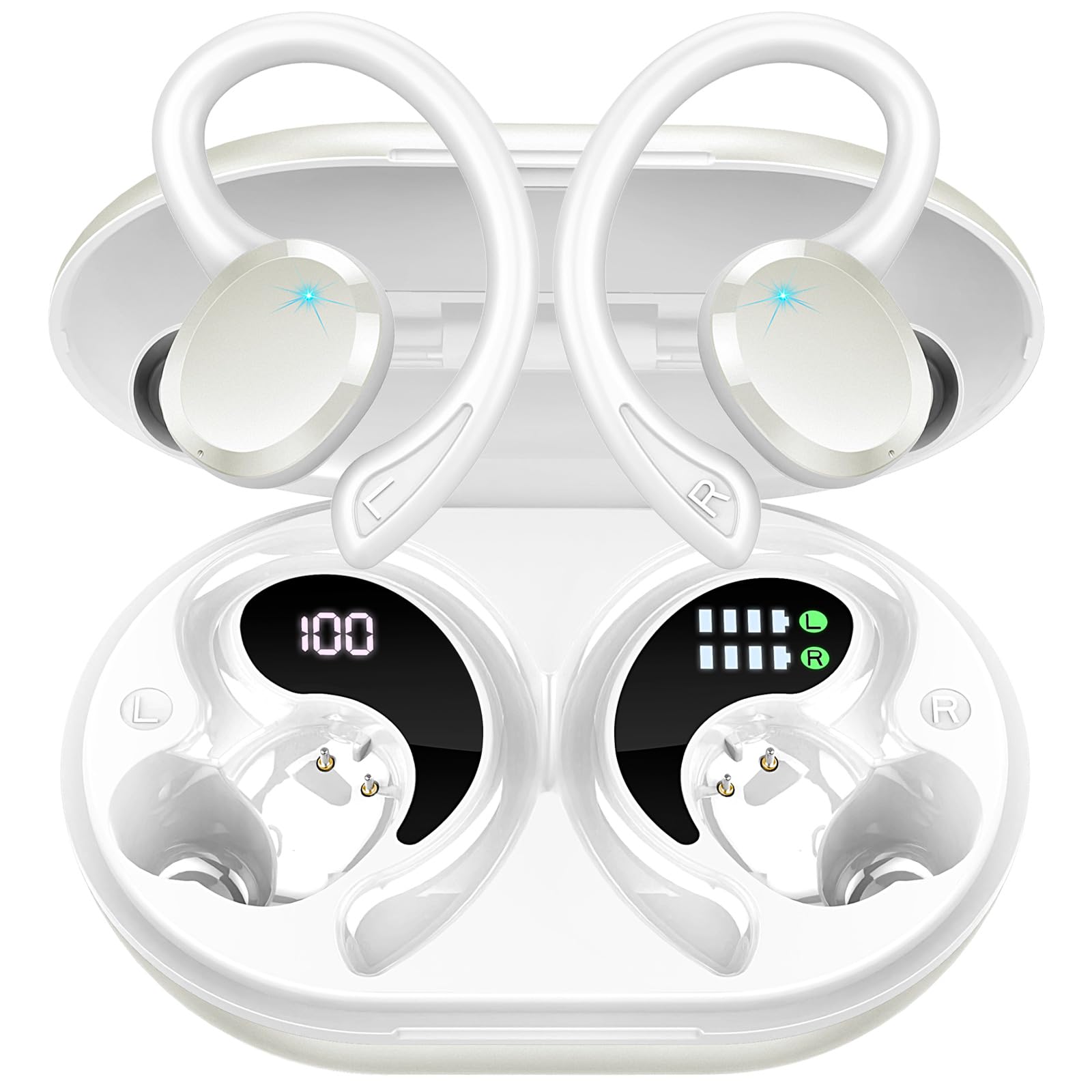 خرید از آمازون - هدفون بلوتوث اسپرت، هدفون داخل گوشی بی‌سیم بلوتوث 5.3 استریو HiFi، هدفون بی‌سیم 13 میلی‌متری با میکروفون HD، هدفون 48 ساعته با براکت، جعبه شارژ LED USB-C با IP7 ضد آب/800 میلی‌آمپر ساعت، سفید