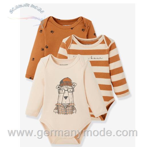 ست 3 تکه بادی آستین بلند نوزاد ورت فرانسه Vertbaudet 3er-Pack Baby Schlupfbodys Teddy Langarm - hellbraun