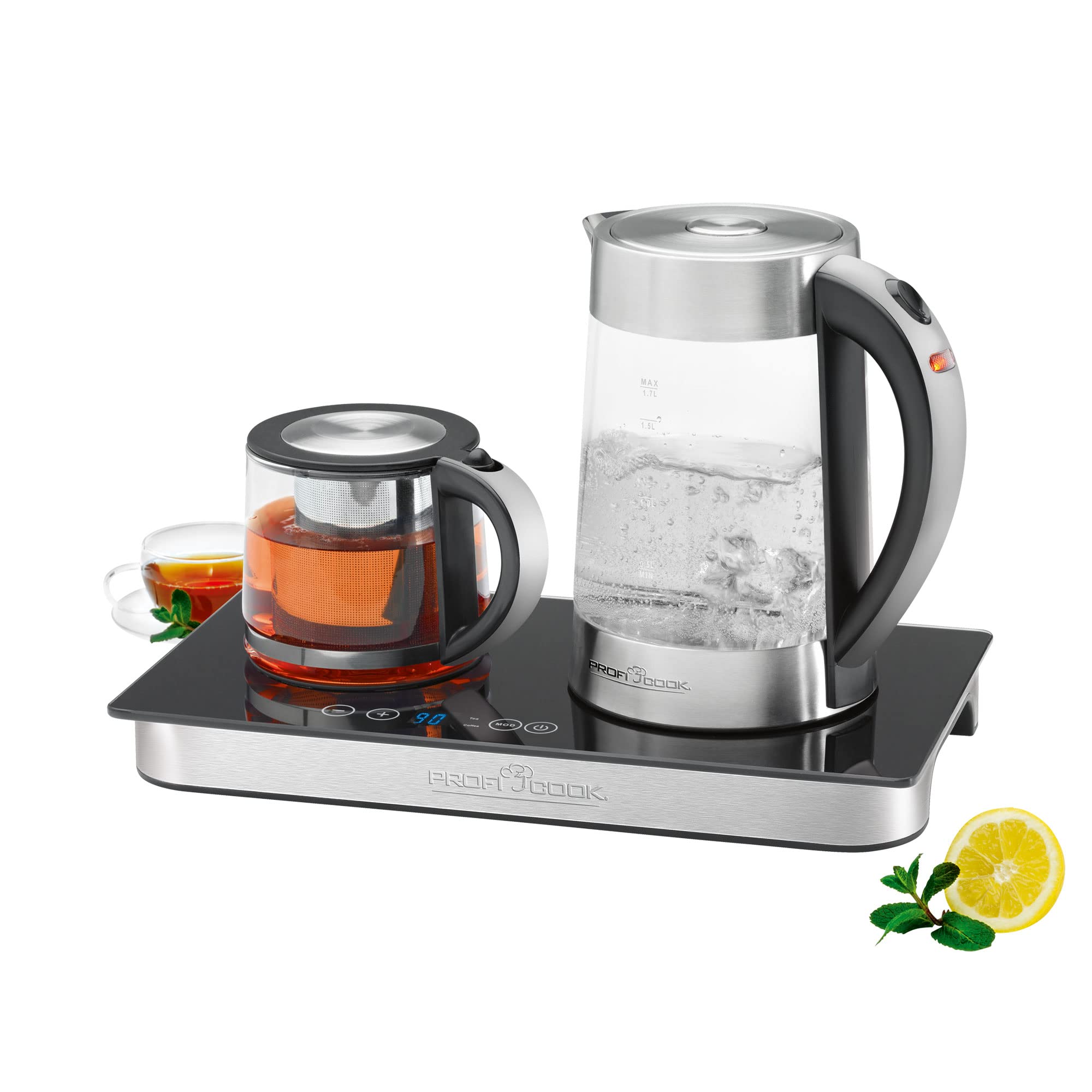 خرید از آمازون - ProfiCook® Tee- u. Kaffeestation in Einem, Wasserkocher 1,7L mit hitzebeständiger Teekanne Glas 0,8L inkl. Basis mit Warmhaltefunktion, Temperatureinstellung u. Sensor-Touch-Bedienfeld - PC-TKS 1056