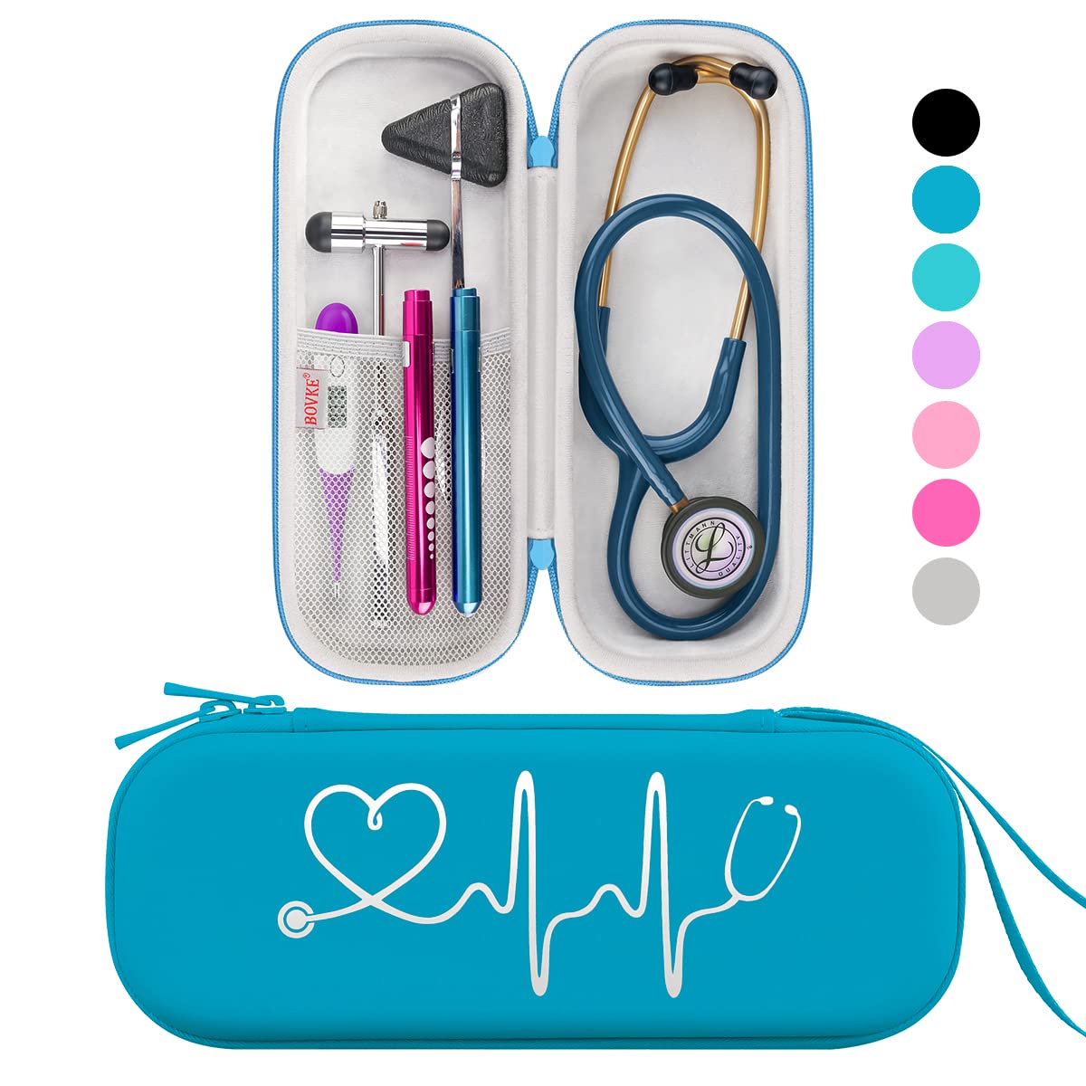 خرید از آمازون - قاب گوشی پزشکی BOVKE برای 3M Littmann Classic III، Lightweight II SE، MDF Acoustica Lightweight Stethoscope، فضای اضافی برای قیچی بانداژ پزشکی EMT Trauma Scissors و LED Penlight، فیروزه ای
