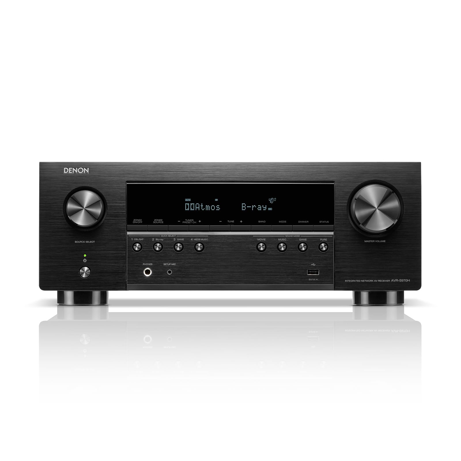 گیرنده AV 8K دنون AVR-S970H، تقویت‌کننده سینمای خانگی 7.2 کاناله با دالبی اتموس، DTS:X، الکسا، بلوتوث، ایرپلی 2، صدای چند اتاقه HEOS - مشکی 7.2 کاناله، 185 وات AVR S970H