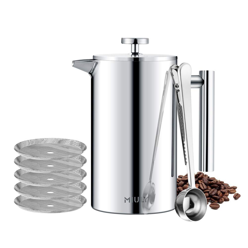 قهوه ساز 1 لیتری فرنچ پرس MaxMiuly، قهوه پرس دو جداره استیل ضد زنگ با 5 الک فیلتر، قاشق، زیر لیوانی، برس اسفنجی، قهوه جوش ترمو عایق 1000 میلی لیتری برای 5 فنجان، نقره ای