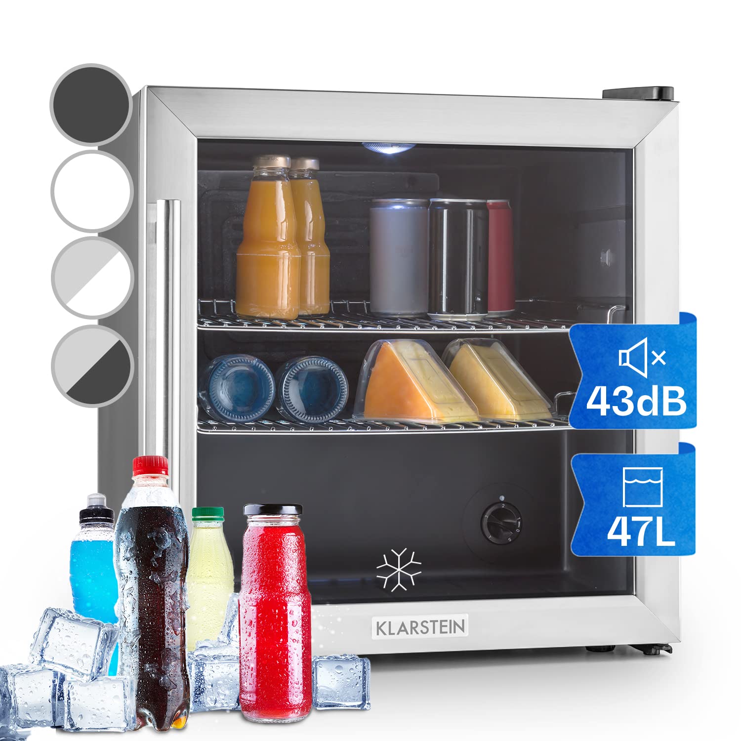 خرید از آمازون - Klarstein Getränkekühlschrank, Kühlschrank Klein mit 2 Ablagen, Minikühlschrank Lautlos für Büro Camping Outdoor, Mini-Kühlschrank mit Glastür, Mini Fridge 3-10°C, Bierkühlschrank 47L, Silber/Schwarz 47 L Silber