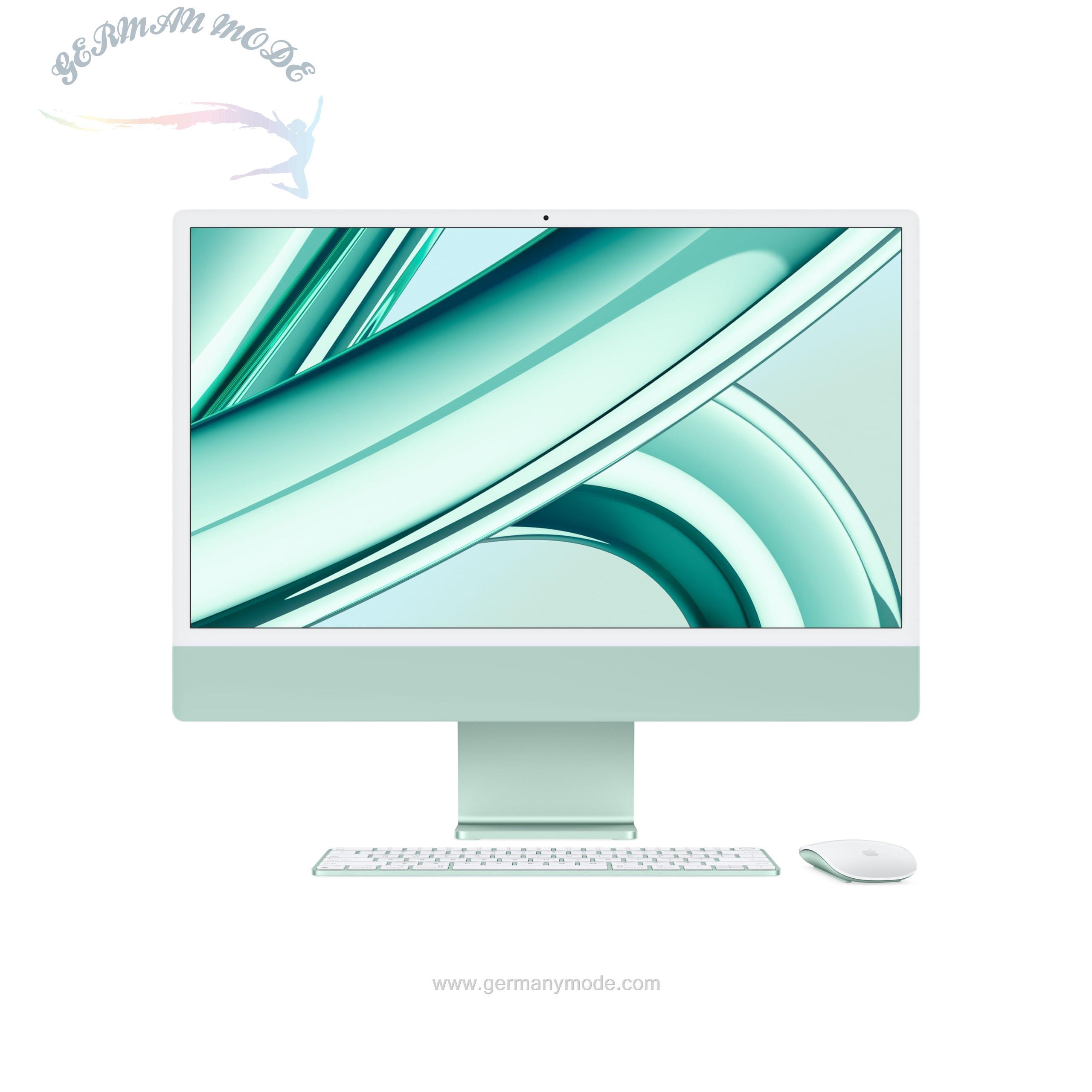آی مک 24 اینچی اپل اورجینال رایانه رومیزی همه‌کاره iMac 2023 اپل با تراشه M3: CPU 8 هسته‌ای، GPU 10 هسته‌ای، صفحه نمایش 24 اینچی 4.5K رتینا، 8 گیگابایت رم مشترک، 512 گیگابایت حافظه SSD، لوازم جانبی مشابه. CPU سبز 8 هسته‌ای