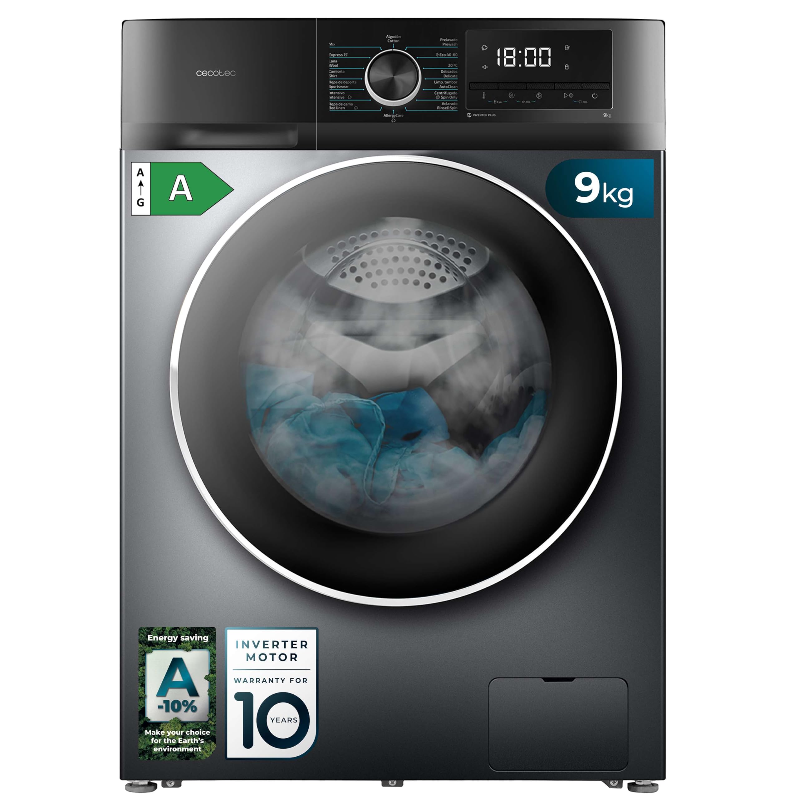 ماشین لباسشویی Cecotec 9 کیلوگرم Carga Frontal Bolero Dresscode 9500 Inverter Steel A. 1900 وات، 1400 دور در دقیقه، موتور Inverter Plus، Bajo Consumo، 16 برنامه، SteamMax، شروع با تاخیر، استیل 9 کیلوگرمی