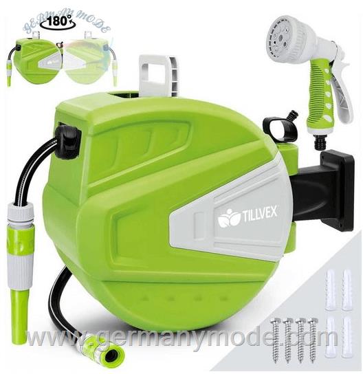 قرقره شیلنگ جمع کن دیواری و شیلنگ 30 متری تیل وکس tillvex Schlauchtrommel, Schlauchtrommel Wasser mit Wandhalterung - Tragegriff Grun 30