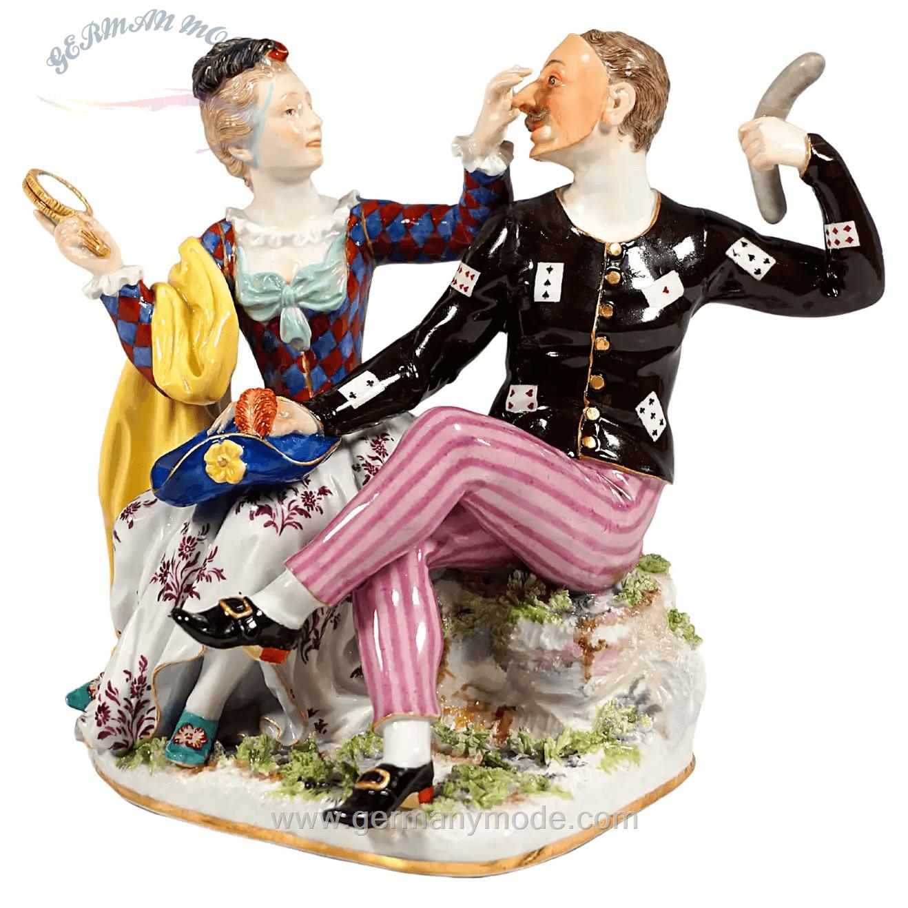 مجسمه دست ساز دکوری چینی آنتیک قدیمی Meissener Commedia Dell Arte Group Harlekin Columbina von Kaendler um 1860