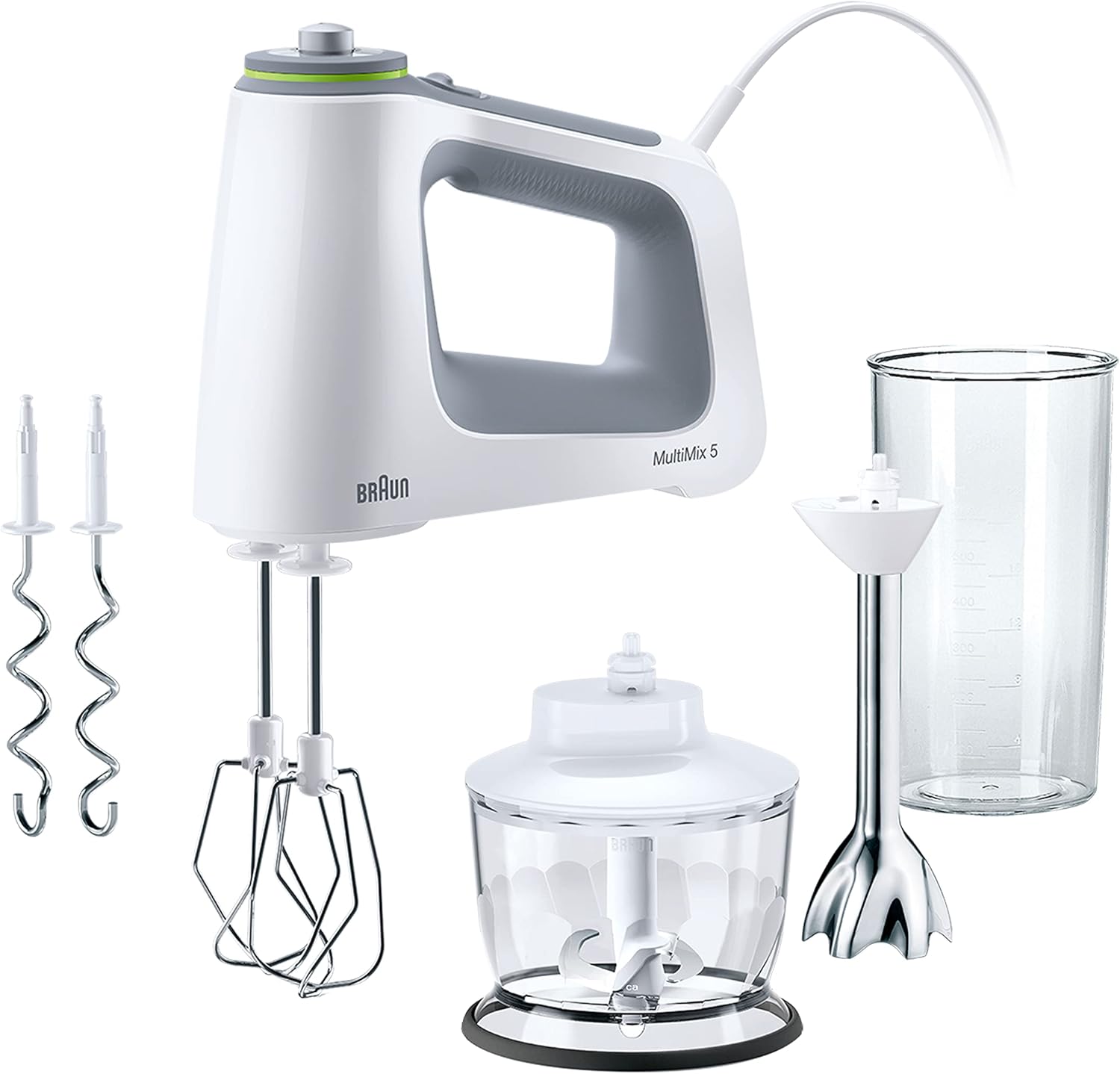 همزن دستی Braun MultiMix 5 HM 5137 – همزن دستی با کنترل سرعت بی‌نهایت متغیر، شامل همزن، قلاب خمیر، مخلوط‌کن، خردکن و پارچ مخلوط‌کن و اندازه‌گیری ۶۰۰ میلی‌لیتری، ۷۵۰ وات، سفید، تک‌رنگ HM 5137