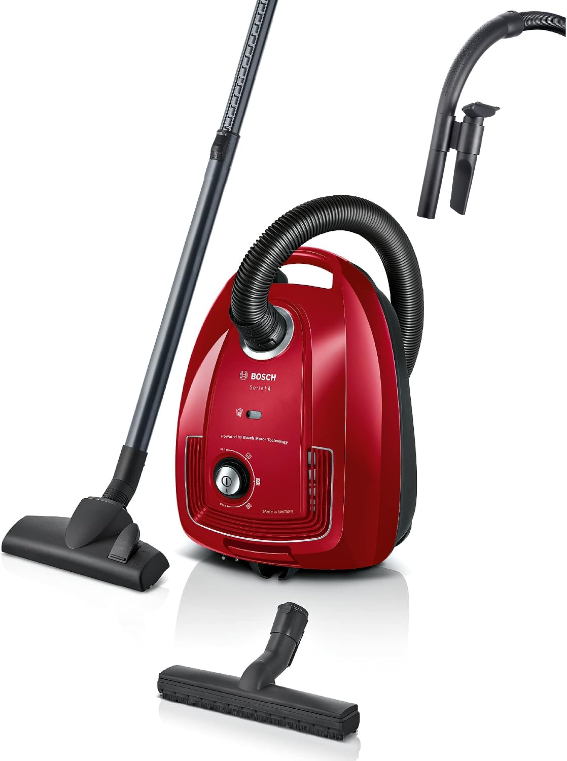 جارو برقی کیسه ای بوش آلمان سری 4 Bosch BGD38RD1H، پایدار، فیلتر بهداشتی، 10 سال گارانتی موتور، نازل کف سخت،نازل شکاف، قدرت مکش بالا، 600 وات