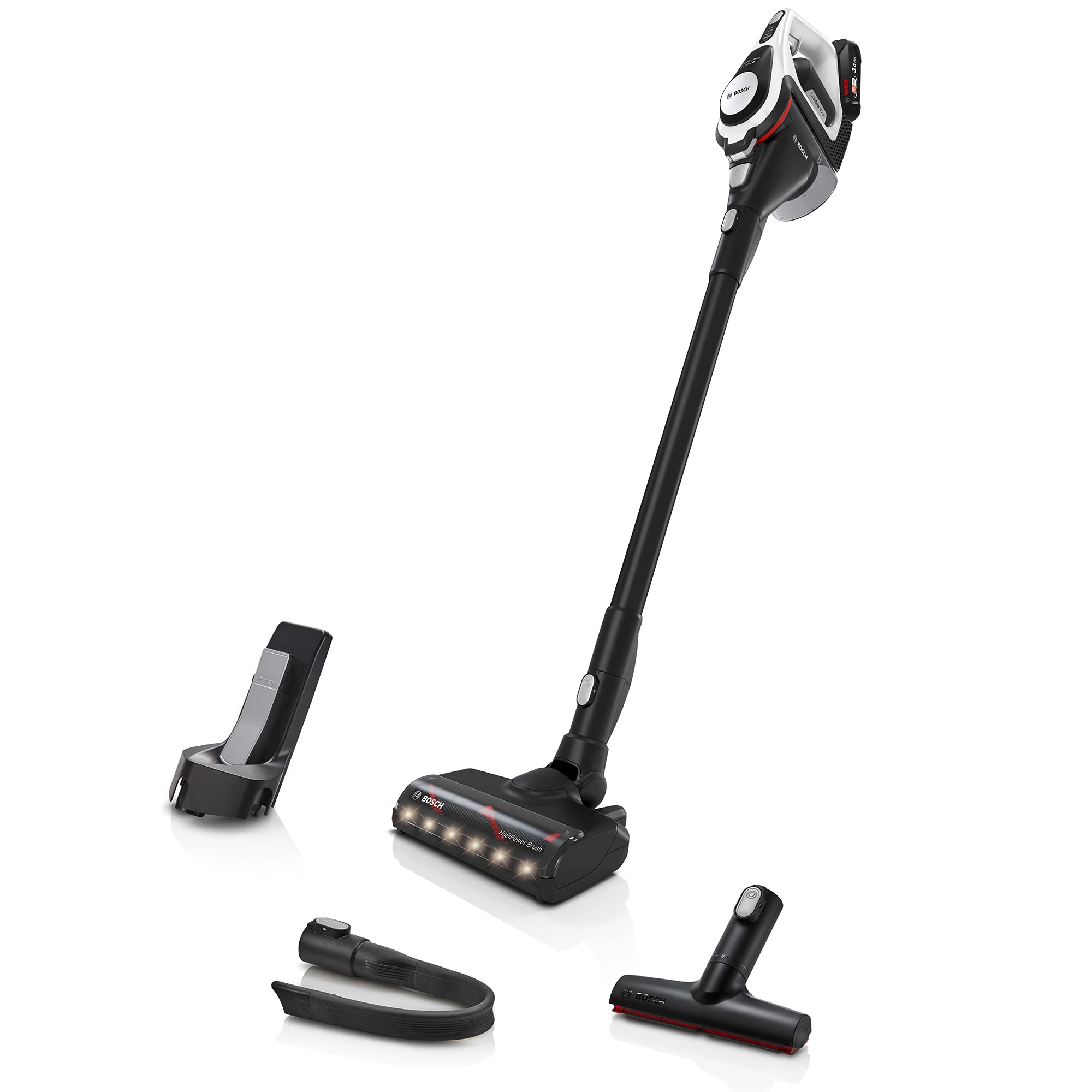 جاروبرقی بی‌سیم بوش Unlimited Gen2 Series 8 BKS8214W، بدون کیسه، تا ۴۵ دقیقه کارکرد، باتری قابل تعویض، روشنایی LED، تنظیم خودکار برای انواع کف، نازل روکش XXL، سفید