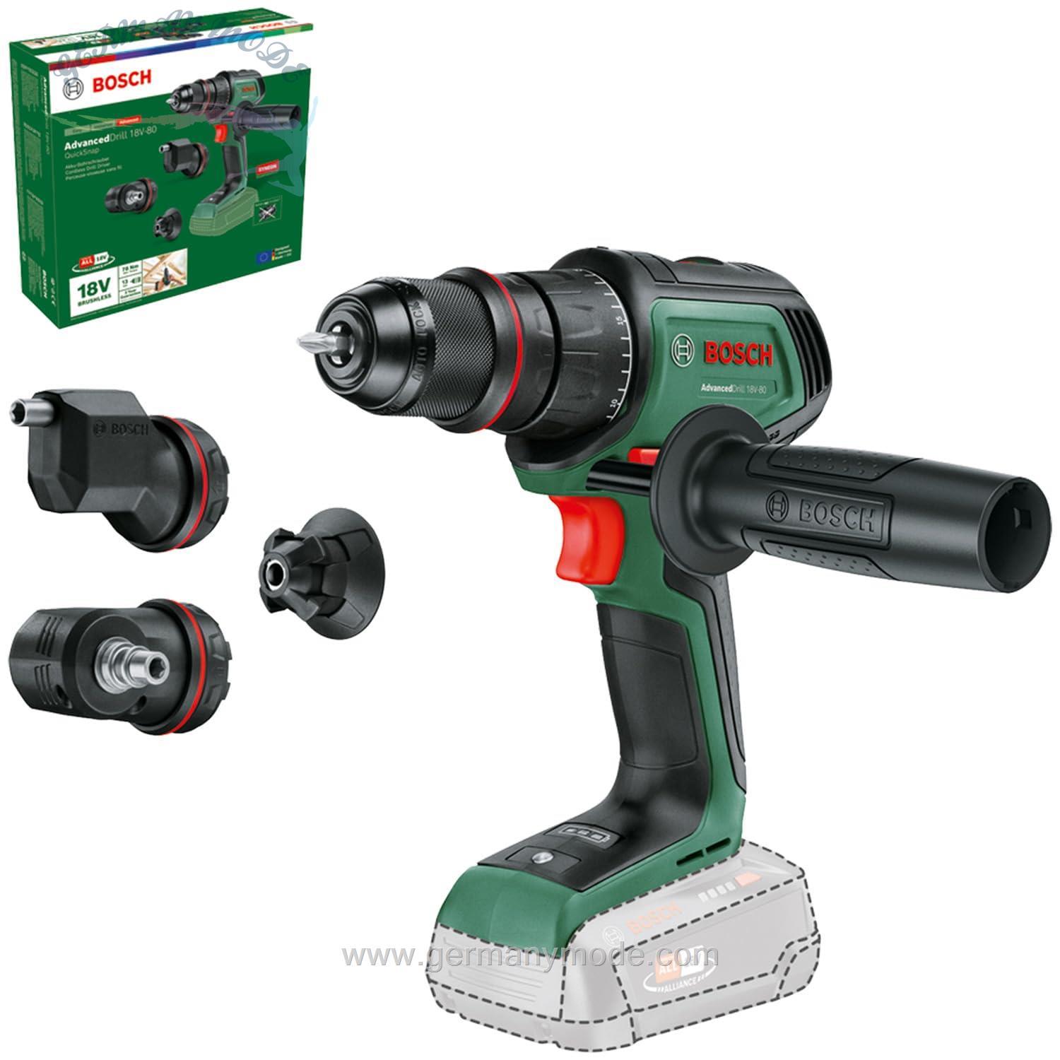 خرید از آمازون - درایور شارژی بوش AdvancedDrill 18V-80 QuickSnap (برای سوراخکاری و پیچکاری؛ 18 ولت؛ چاک مته فلزی؛ درپوش مغناطیسی؛ اتصال غیرعادی و زاویه دار؛ دسته اضافی؛ بدون باتری)
