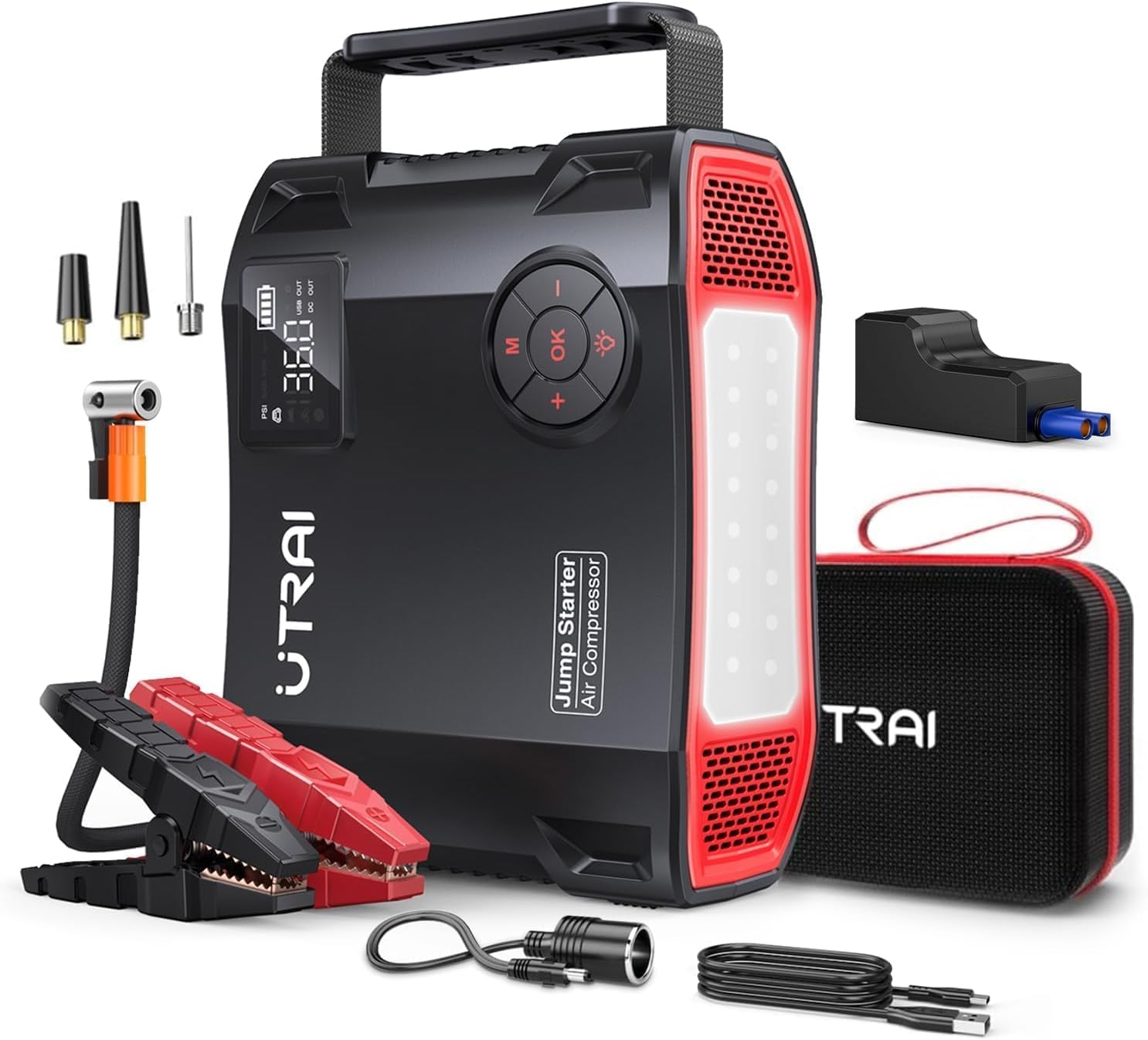 خرید از آمازون - پاور بانک UTRAI Jump Starter, 5 IN 1 5000A 150PSI Pump Air Car Power Bank 27000mAh پرتاب استارتر قابل حمل با کابل هوشمند، کابل USB-C، چراغ قوه LED، QC 3.0 مشکی - قرمز تیره