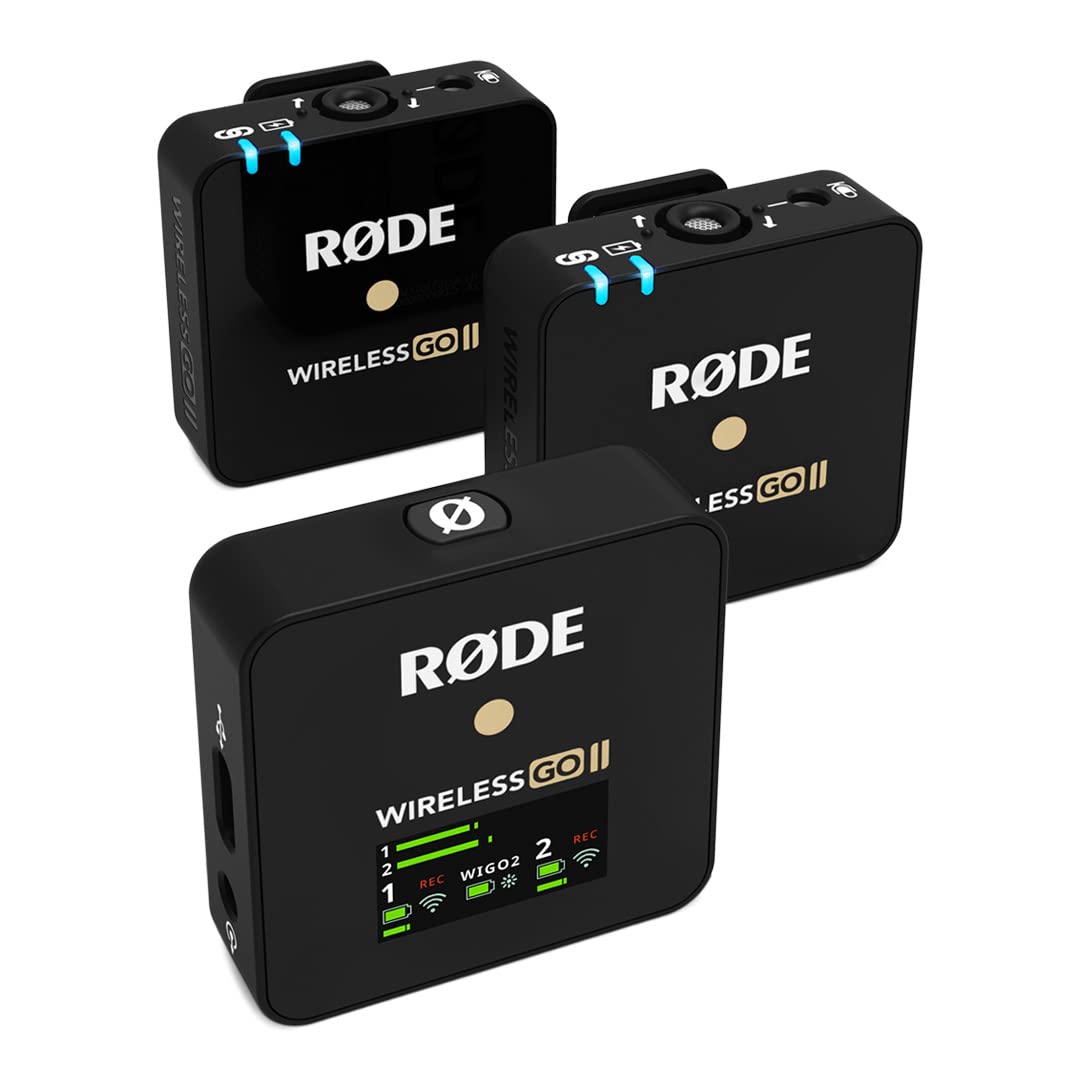 خرید از آمازون - سیستم میکروفون دو کاناله بی سیم RØDE Wireless GO II فوق فشرده با میکروفون های داخلی، عملکرد ضبط یکپارچه و برد 200 متر برای فیلم سازی، مصاحبه، دو کانال مشکی WIGOII