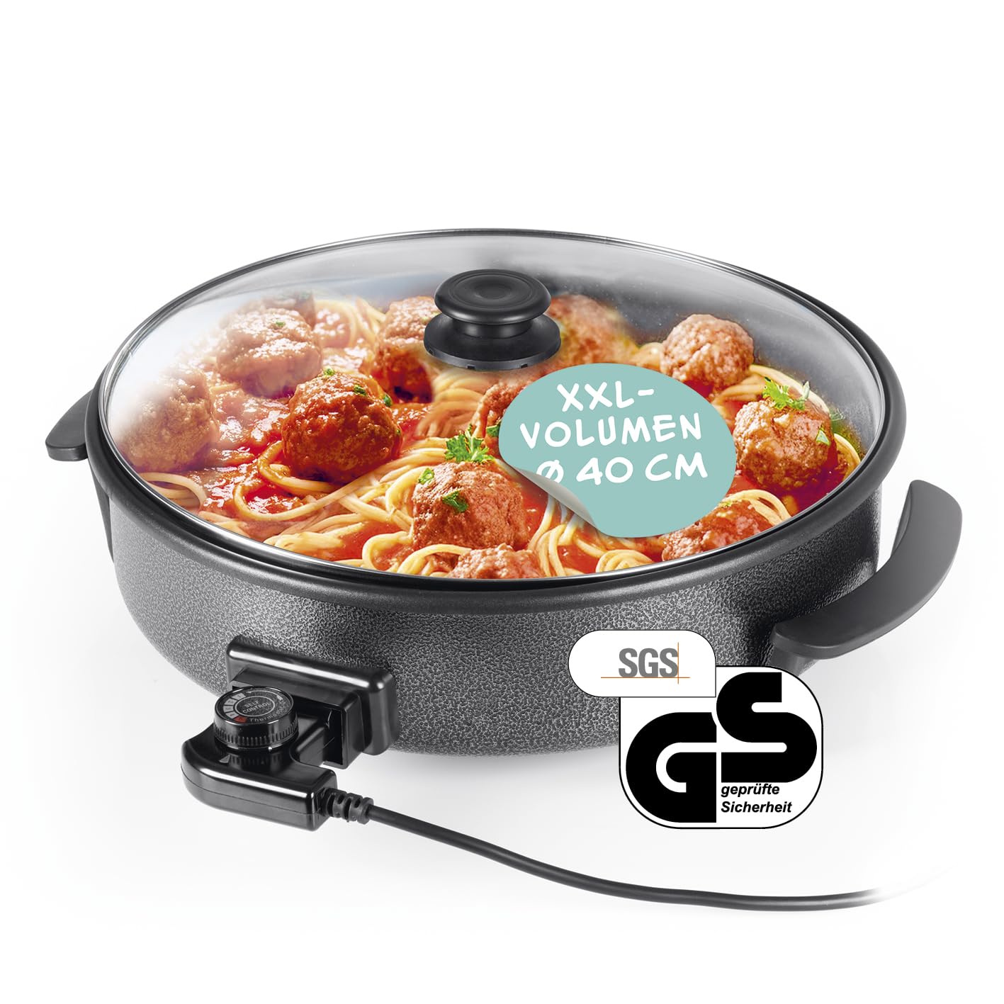 ماهیتابه برقی چند منظوره گورمت‌ مکس آلمان GOURMETmaxx، سایز ۴۰ سانتی‌متر | دارای ترموستات، درب شیشه‌ای و روکش نچسب | ظرفیت XXL - ایده‌آل برای تابه پائلا، تابه سرخ کردنی و تابه وک | ۱۵۰۰ وات [فولاد ضد زنگ]، سایز ۴۰ سانتی‌متر | ۵.۴ لیتر