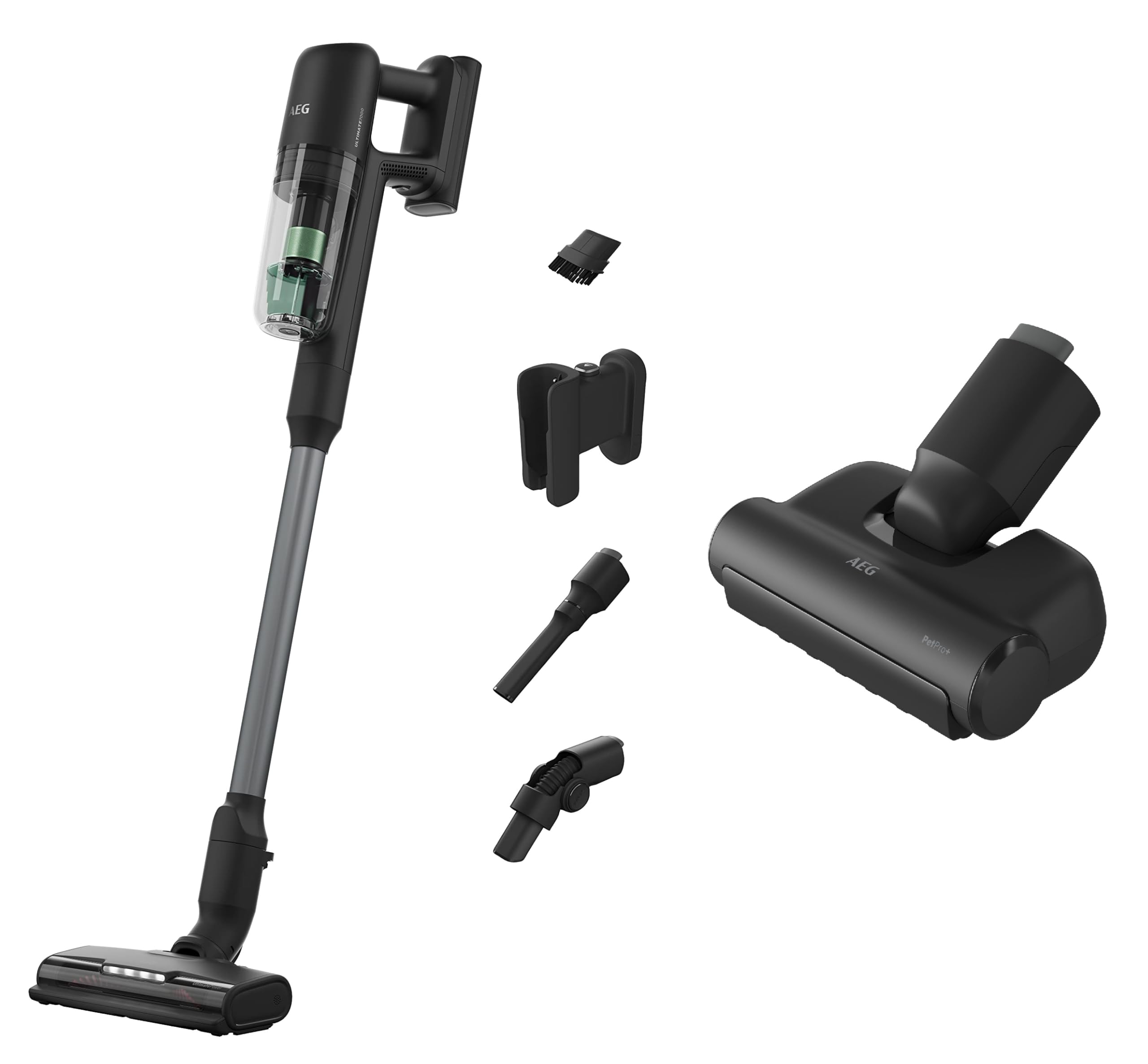 جارو شارژی آاگ آلمان AEG ÖKO AP71UB14AM و نازل موی حیوانات AZE155 PetPro+ / جاروبرقی چوبی بدون کیسه / بی صدا / سازگار با محیط زیست / باتری جاروبرقی دستی / 50 دقیقه زمان کار / سبک وزن / 2 در 1 / نازل موی حیوانات خاکستری