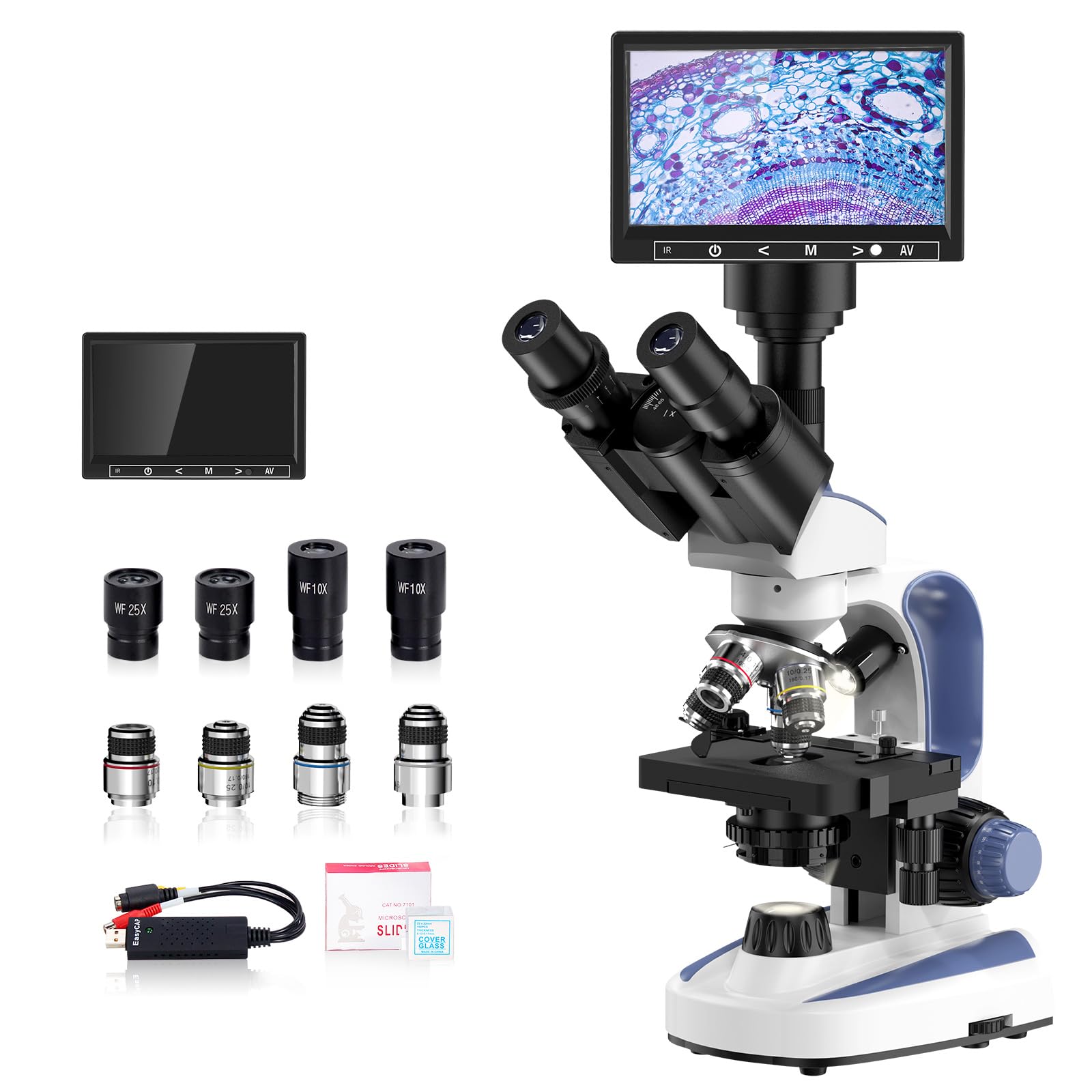 خرید از آمازون - میکروسکوپ سه‌چشمی ترکیبی آزمایشگاهی EDKKIE 40X-2500X دوربین 5 مگاپیکسلی داخلی با صفحه نمایش 7 اینچی، چشمی‌های میدان گسترده 10X و 25X، سیستم روشنایی دوگانه، مرحله مکانیکی دو لایه