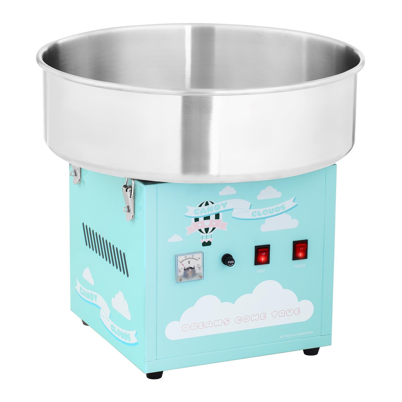 دستگاه پشمک ساز حرفه ای Royal Catering RCZK-1200-BG (1200 وات، قطر 52 سانتی متر، 1 واحد / 30-60 ثانیه، ترموستات کنترل و چرخش جداگانه، شامل قاشق اندازه گیری) فیروزه ای