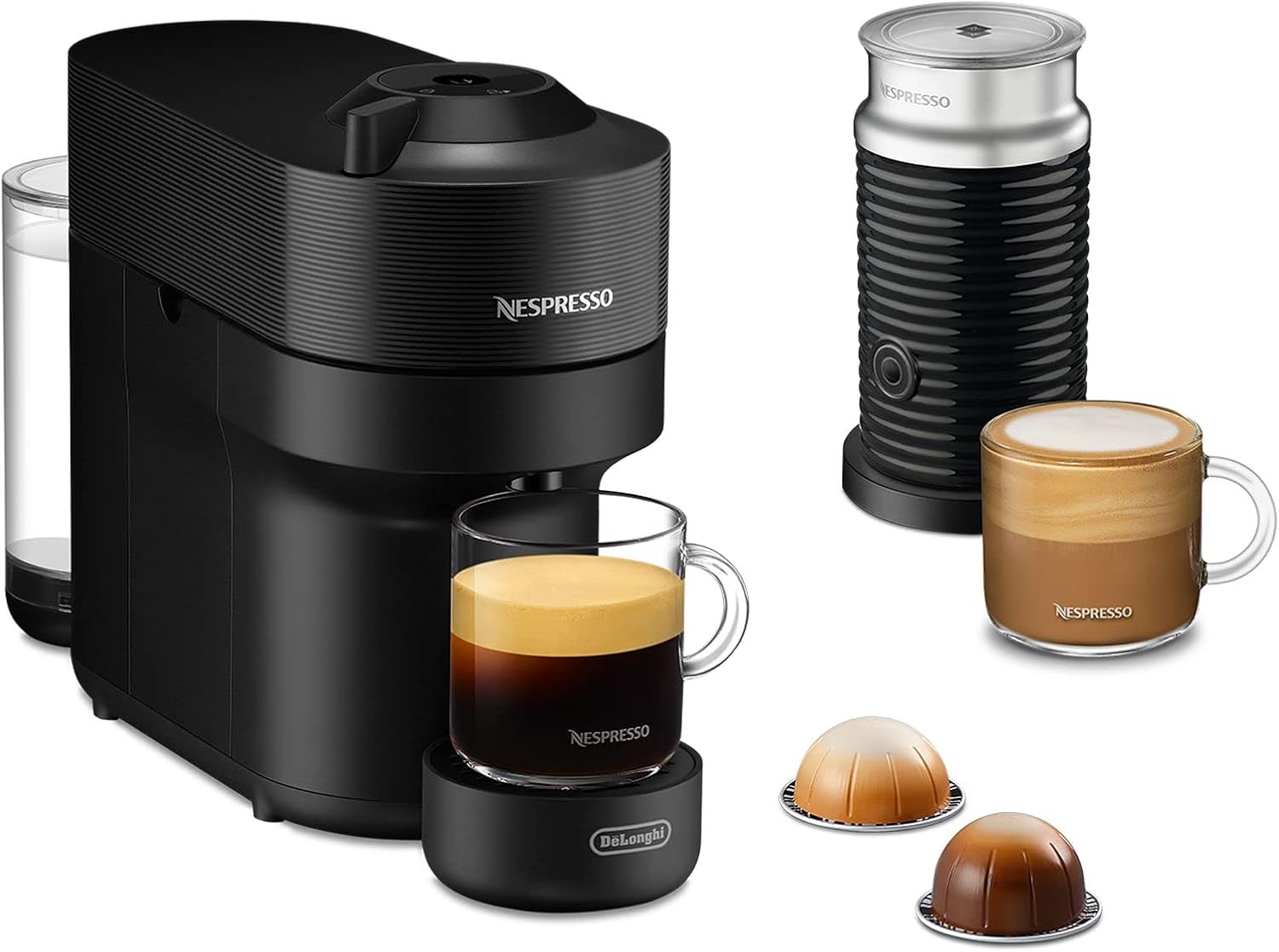 نسپرسو ساز دلونگی ایتالیا Nespresso DeLonghi ENV90.BAE Vertuo Pop، دستگاه کپسول قهوه + کف کن شیر Aeroccino، تهیه کننده 4 اندازه فنجان، فناوری سانتریفیوژن، بسته خوش آمدگویی گنجانده شده، 1260 وات، دستگاه کپسول قهوه شیرین بیان