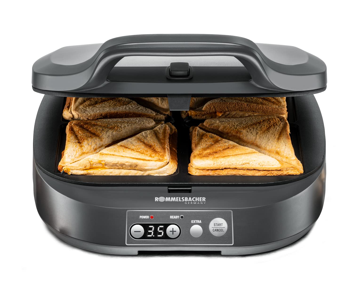 ROMMELSBACHER Sandwich Maker ST 1800، 4 ساندویچ XL، پوشش نچسب، تایمر 15 دقیقه ای، خاموش شدن خودکار، محفظه لمسی خنک، 1800 وات، خاکستری تخته سنگ