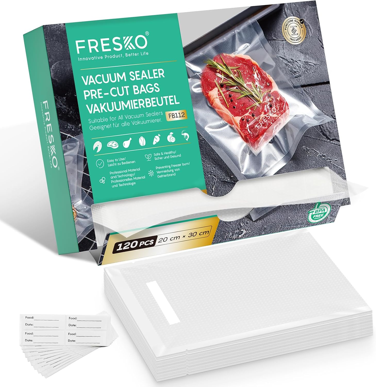 کیسه‌ وکیوم FRESKO، مواد غذایی، 20 × 30 سانتی‌متر، 120 کیسه، برجسته، بدون BPA، نگهداری، انجماد و پخت در وکیوم، بدون BPA، مناسب برای همه دستگاه‌های وکیوم