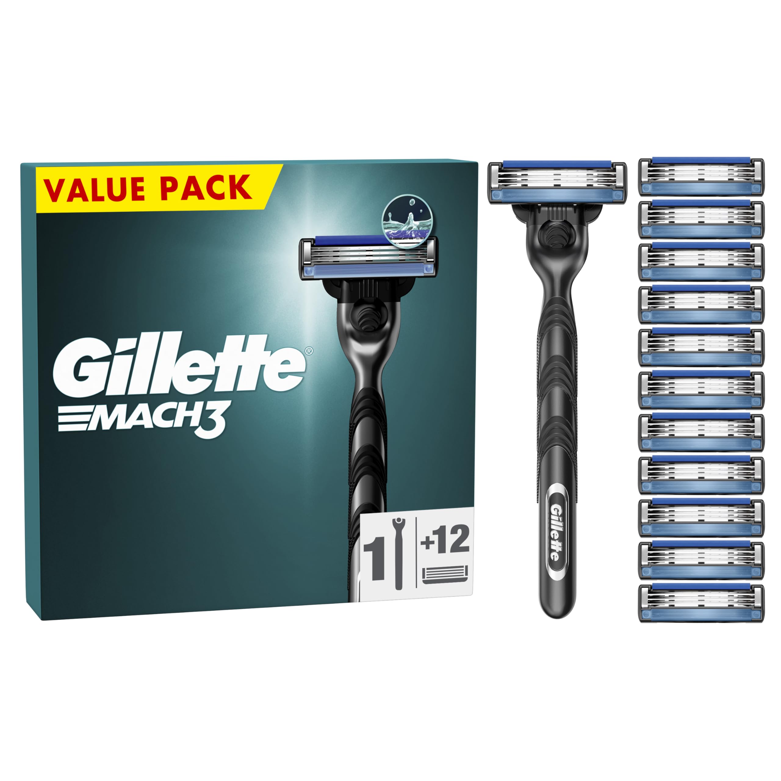 خرید از آمازون - تیغ مردانه ژیلت Mach3 + 12 تیغ ریش تراش، 3 تیغ برای اصلاح صاف، متناسب با همه دسته های Mach3 Mach3 Razor + 12 تیغ ریش تراش