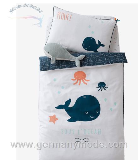 ست تشک پتو بالش کودک ورت فرانسه Vertbaudet Baby Bettbezug Wasserwelt Oeko Tex - blau/weiß