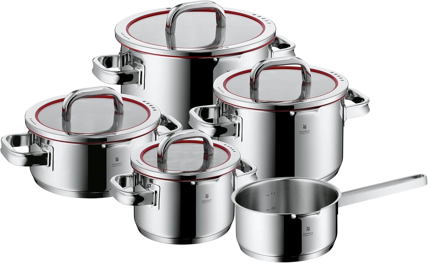 سرویس قابلمه 5 پارچه وی ام اف آلمان WMF Function 4 قابلمه القایی 5 تکه درب شیشه ای با 4 عملکرد ریختن کرومارگان صیقلی