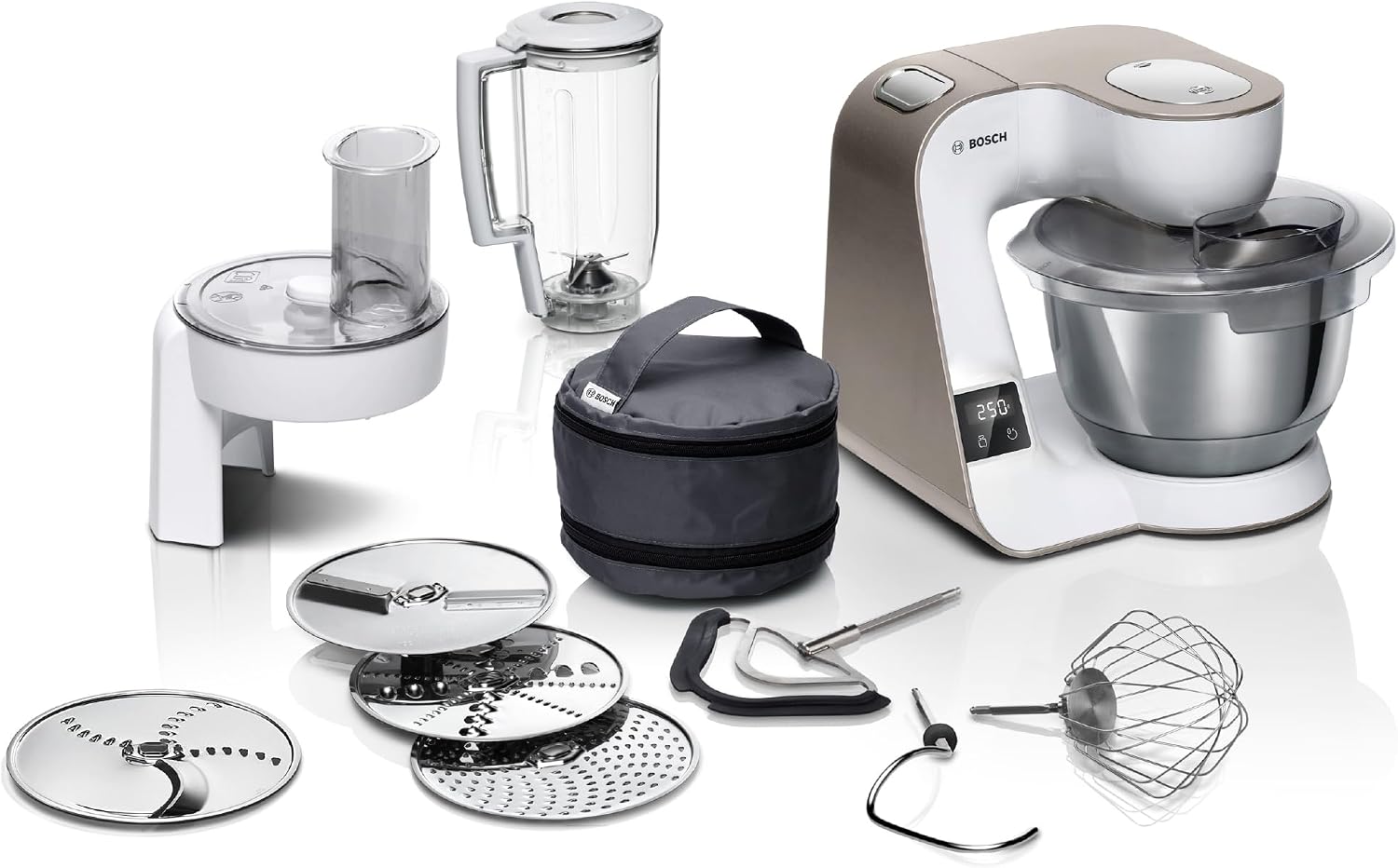 غذا ساز همه کاره بوش آلمان سری 4 بوش Bosch MUM5XW20، کاسه استیل 3.9 لیتری، ترازو یکپارچه، همزن 1.25 لیتری، قلاب خمیر حرفه ای، همزن، خردکن پیوسته، 4 دیسک، 1000 وات