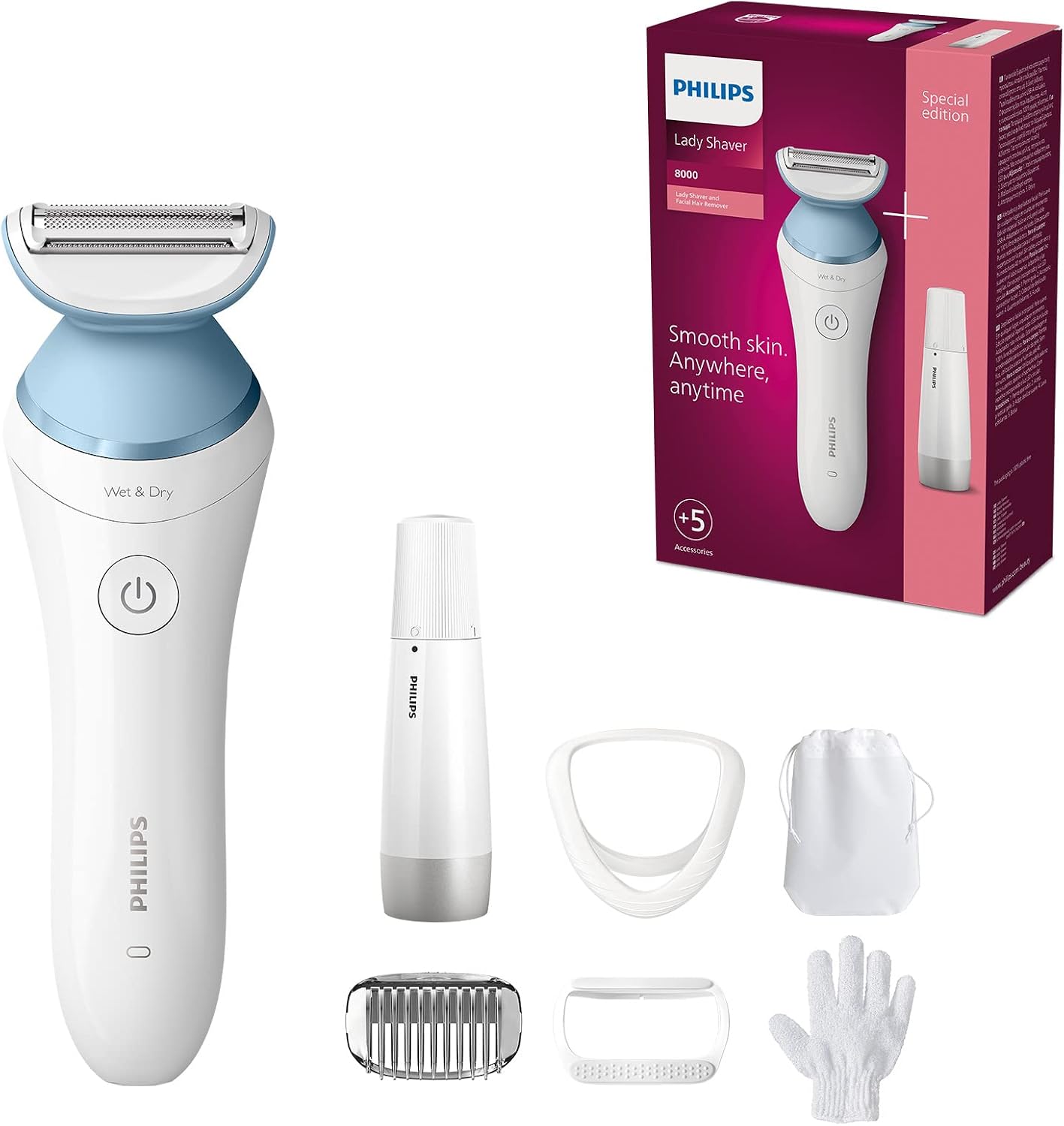 اپیلاتور مرطوب و خشک فیلیپس هلند Lady Shaver Series 8000 مرطوب و خشک شامل 5 لوازم جانبی و پاک کننده موهای صورت (مدل BRL166/91)