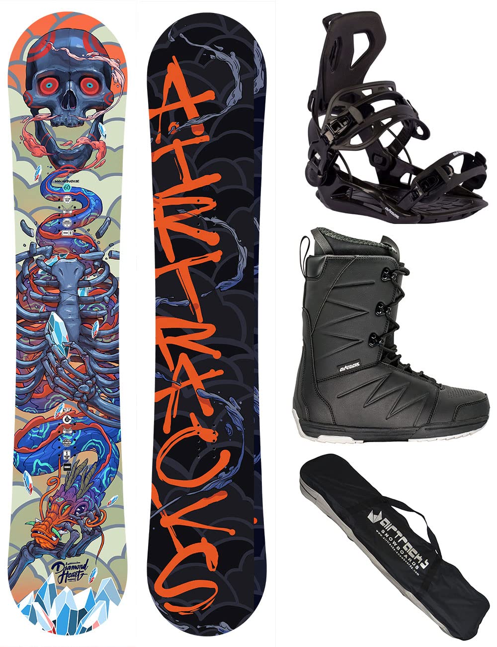 Airtracks Herren Snowboard Set Freeride Freestyle Diamond Heart Carbon Wide Hybrid Rocker + Snowboard Bindung Master + Snowboardboots + Sb Bag 150 155 160 cm Snowboard 150 cm Boots Star Black 40
