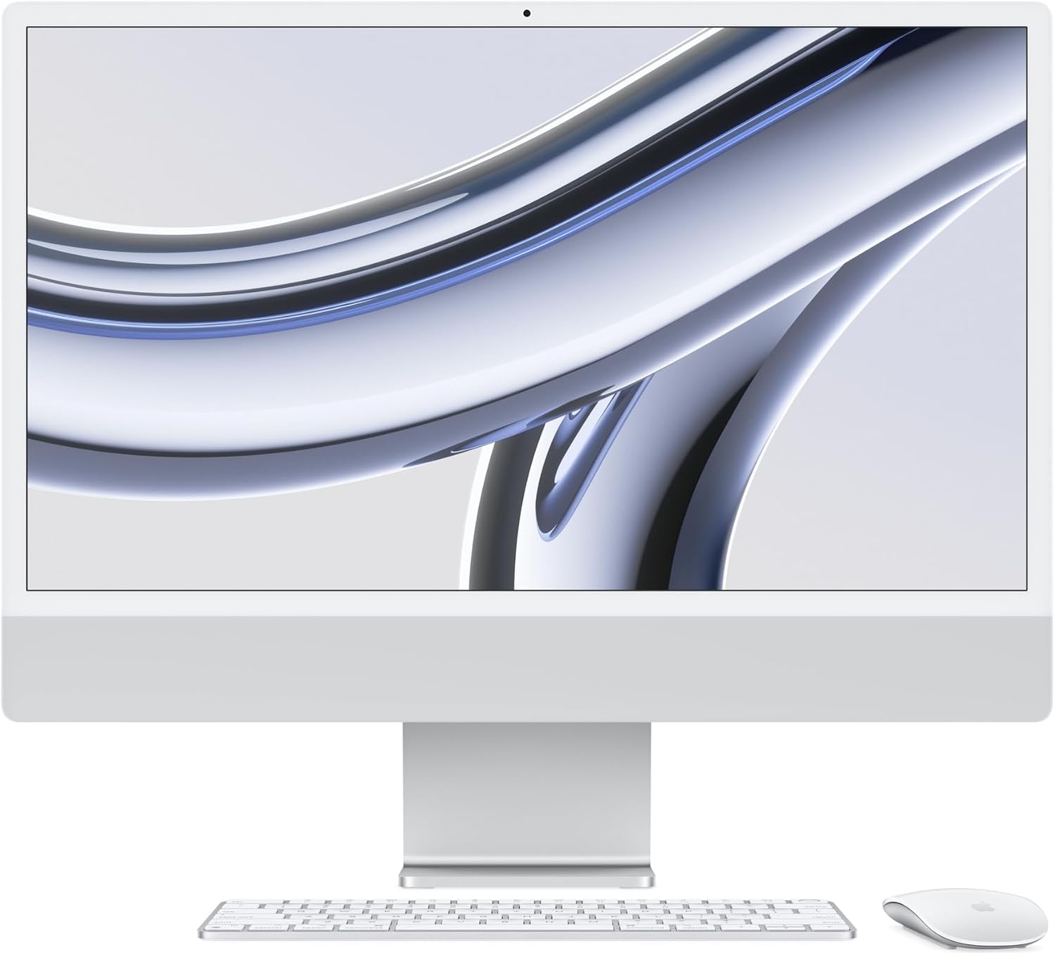 آی مک 24 اینچی اپل اورجینال iMac 2023 اپل با تراشه M3: CPU 8 هسته‌ای، GPU 10 هسته‌ای، صفحه‌نمایش 24 اینچی 4.5K رتینا، 8 گیگابایت رم مشترک، 256 گیگابایت حافظه SSD، لوازم جانبی مشابه. CPU 8 هسته‌ای نقره‌ای