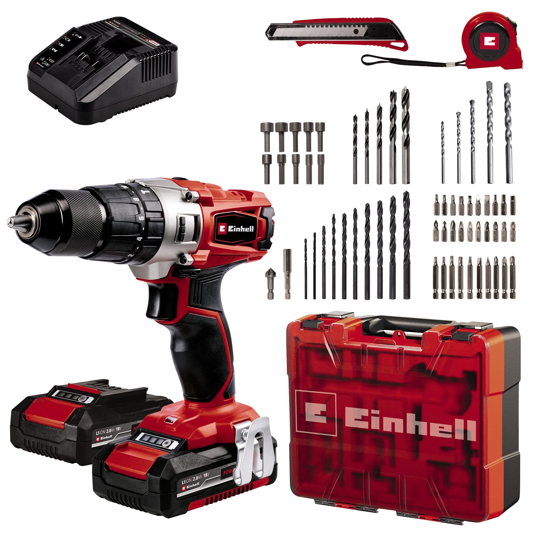 خرید از آمازون - دریل ضربه ای بی سیم Einhell TE-CD 18/2 Li-i +64 (2x2.0Ah) شارژر برقی، کیس، مجموعه لوازم جانبی 64 تکه)