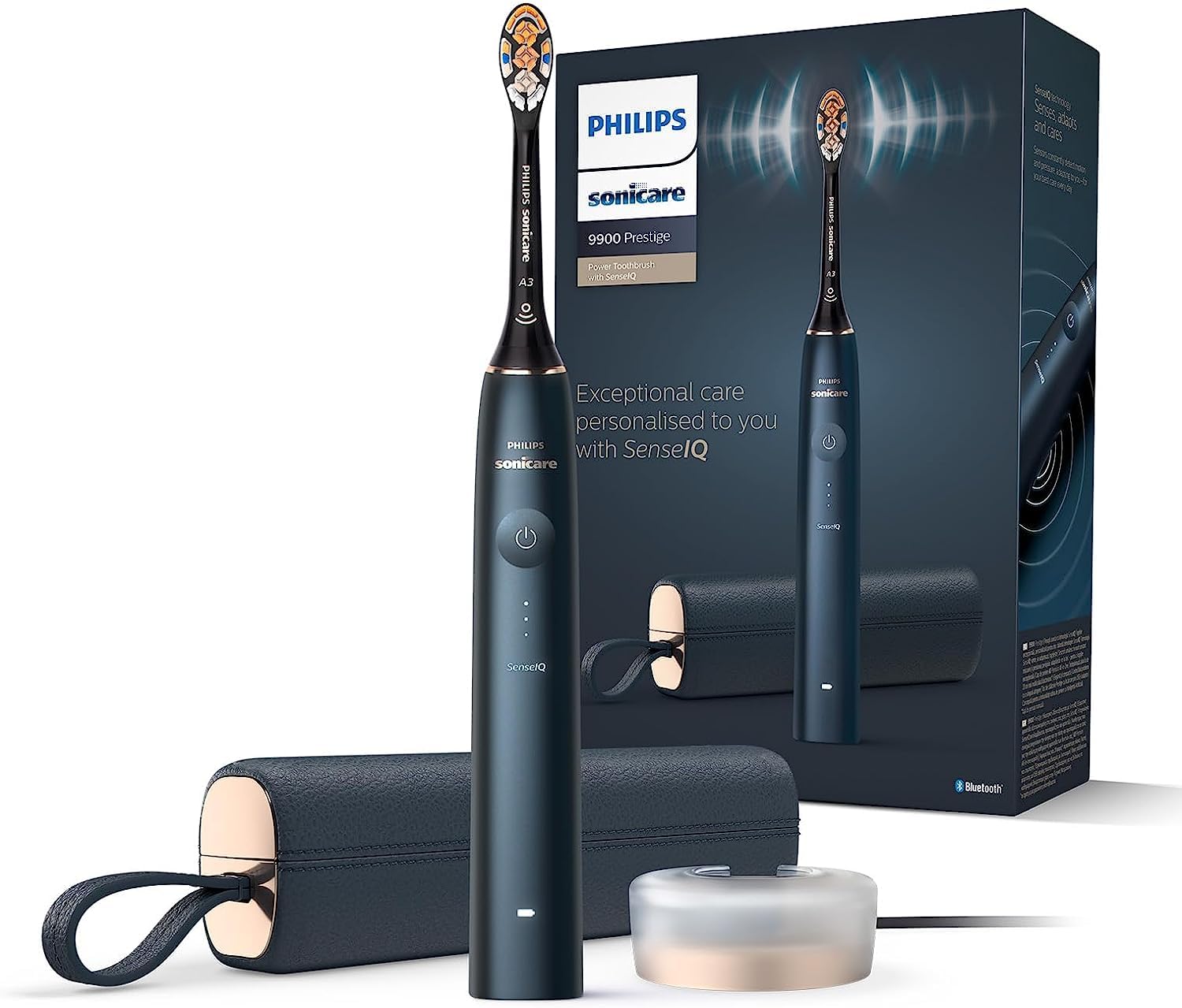 مسواک برقی Philips Sonicare DiamondClean Prestige 9900 با SenseIQ، سری برس همه کاره A3 Premium و کیف شارژ به رنگ آبی تیره (مدل HX9992/12) Sonicare 9900، آبی، 1 سری برس