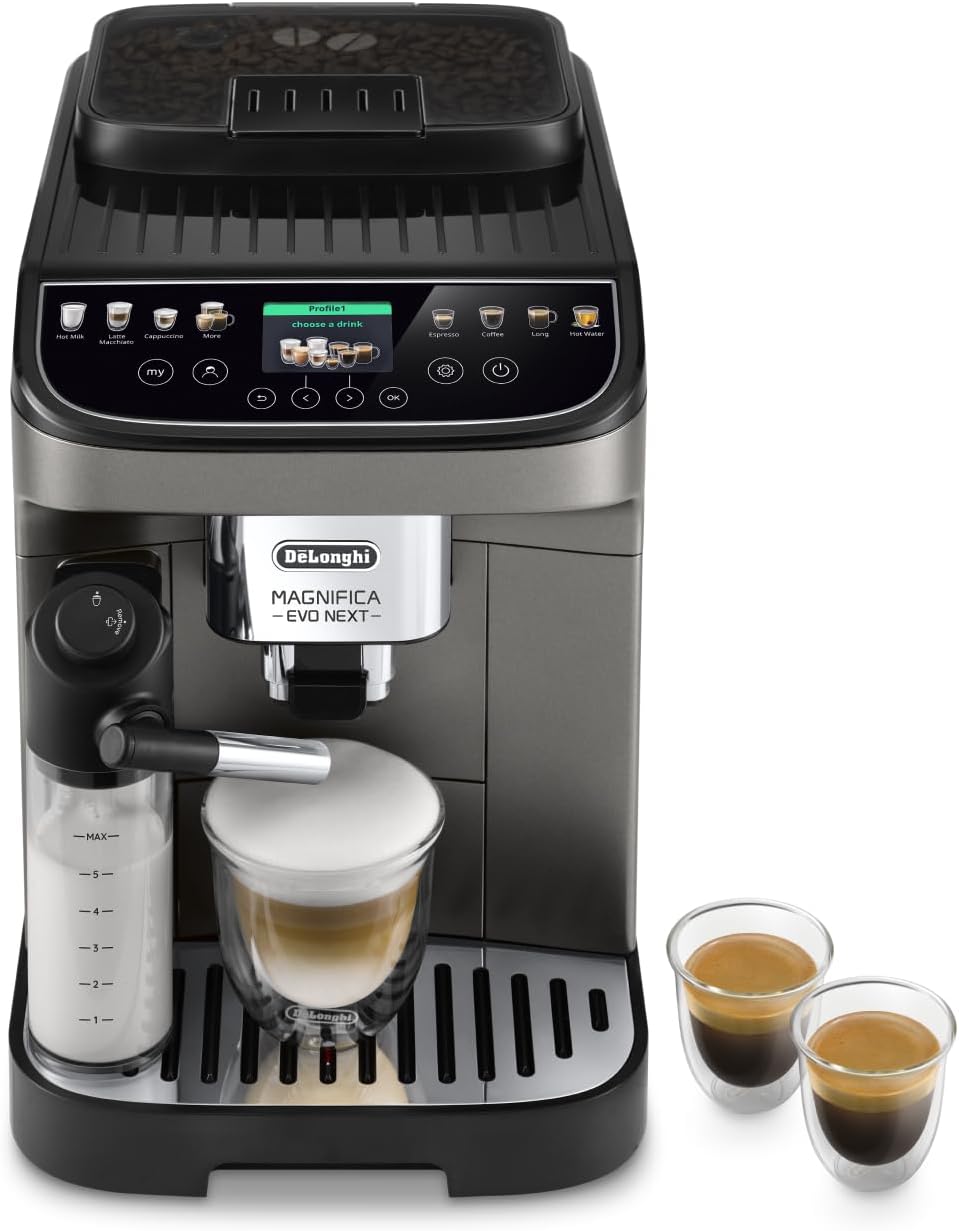 اسپرسو ساز قهوه ساز تمام اتوماتیک دلونگی ایتالیا DeLonghi Magnifica Evo Next ECAM312.80.TB - قهوه ساز تمام اتوماتیک با نمایشگر رنگی 2.4 اینچی TFT و سیستم شیر LatteCrema، 7 دکمه انتخاب مستقیم (کاپوچینو، اسپرسو، لاته ماکیاتو)، عملکرد 2 فنجانی، Titan 13 نوشیدنی - مدل 2024