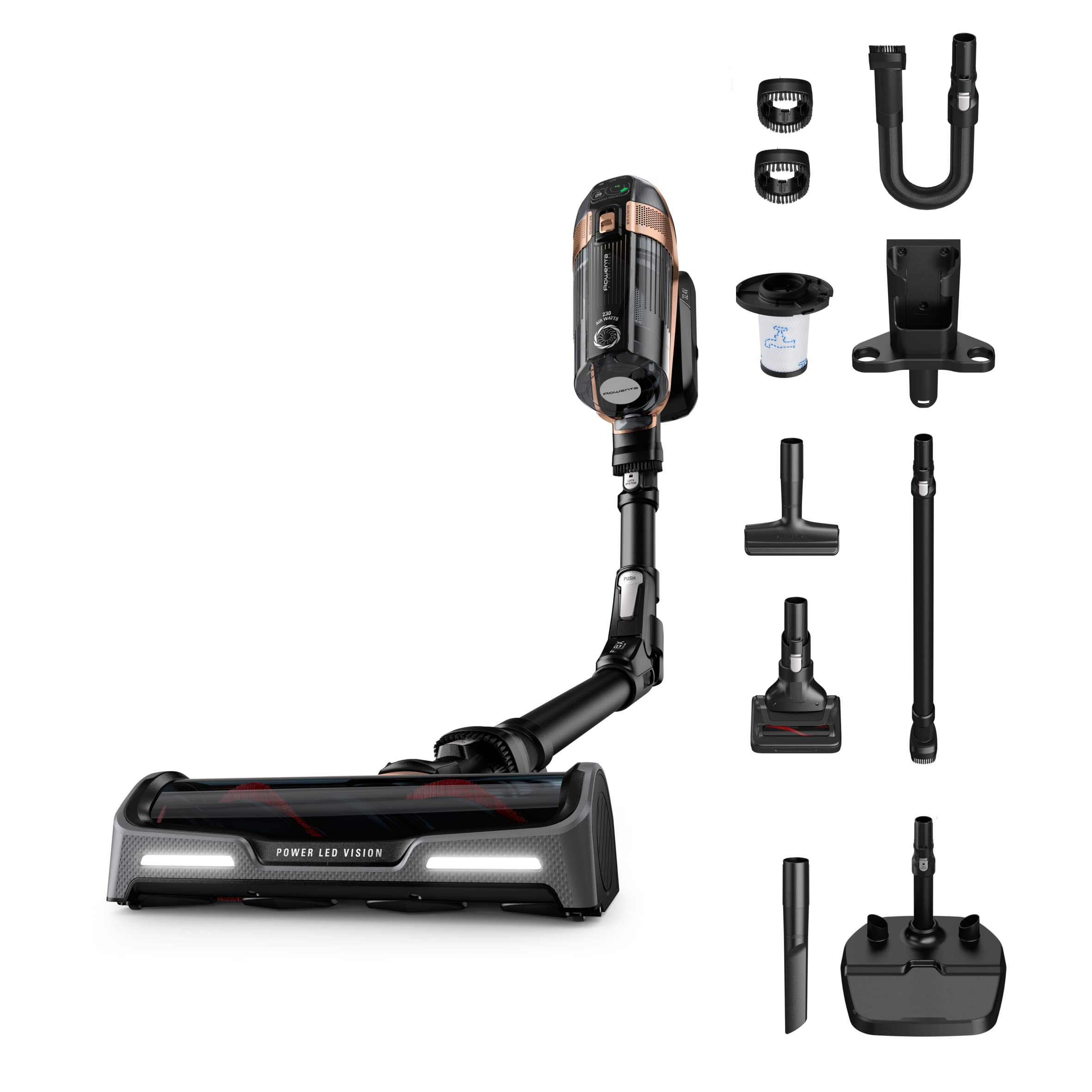 خرید از آمازون - Rowenta RH99F1 X-Force Flex 15.60 kabelloser Akku-Stabstaubsauger | Digital Control Display | bis zu 230 Airwatt | Tierhaarzubehör | Deep Power LED-Düse | Schwarz/Gold
