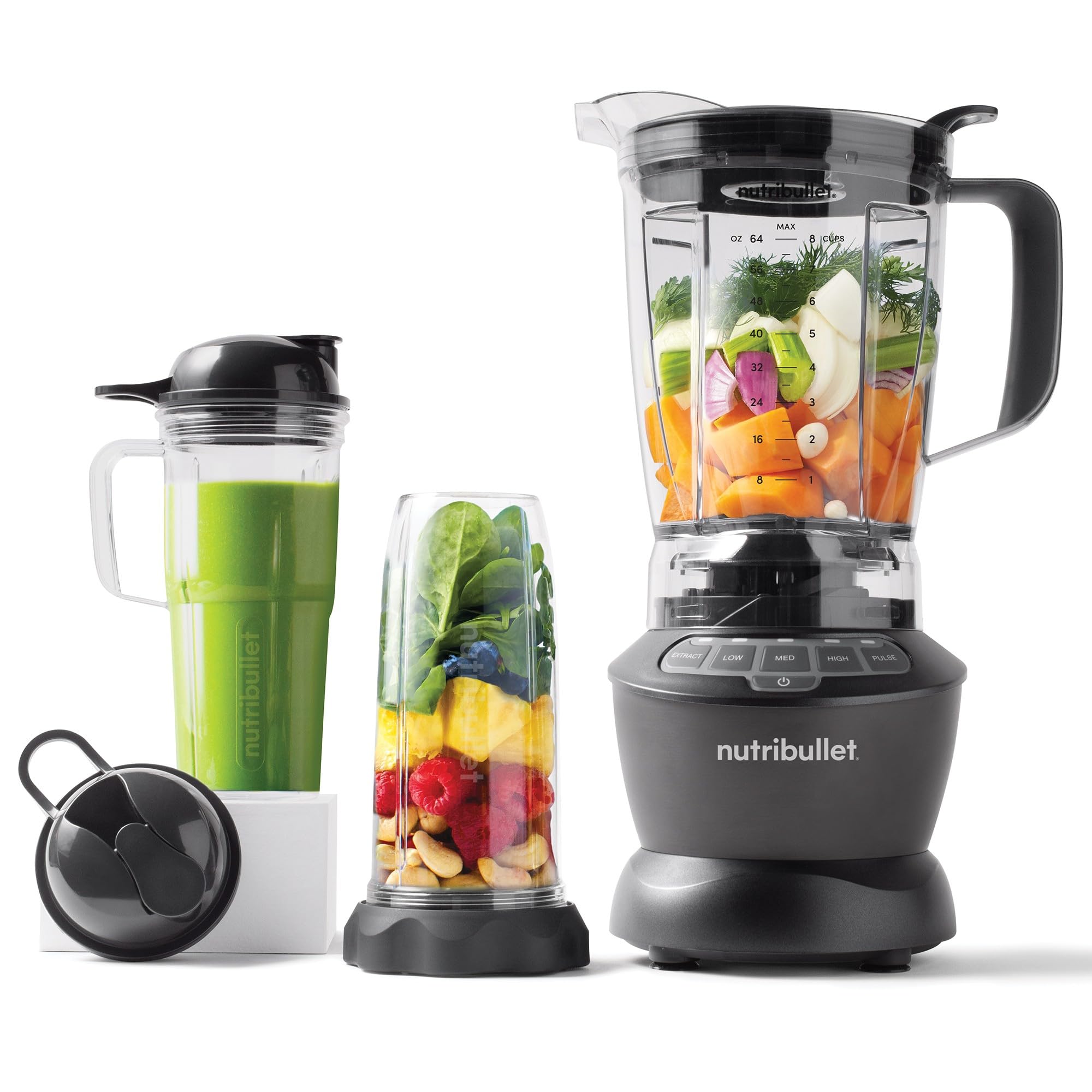مخلوط کن کامل نوتری‌ بولت آمریکا Nutribullet، همزن برقی، خردکن چند منظوره، حرفه ای، قدرت ۱۲۰۰ وات، پارچ ۱.۹ لیتری، لیوان های ۹۴۶ و ۷۱۰ میلی لیتری، مشکی، NBF500MB 1200 وات خاکستری تیره