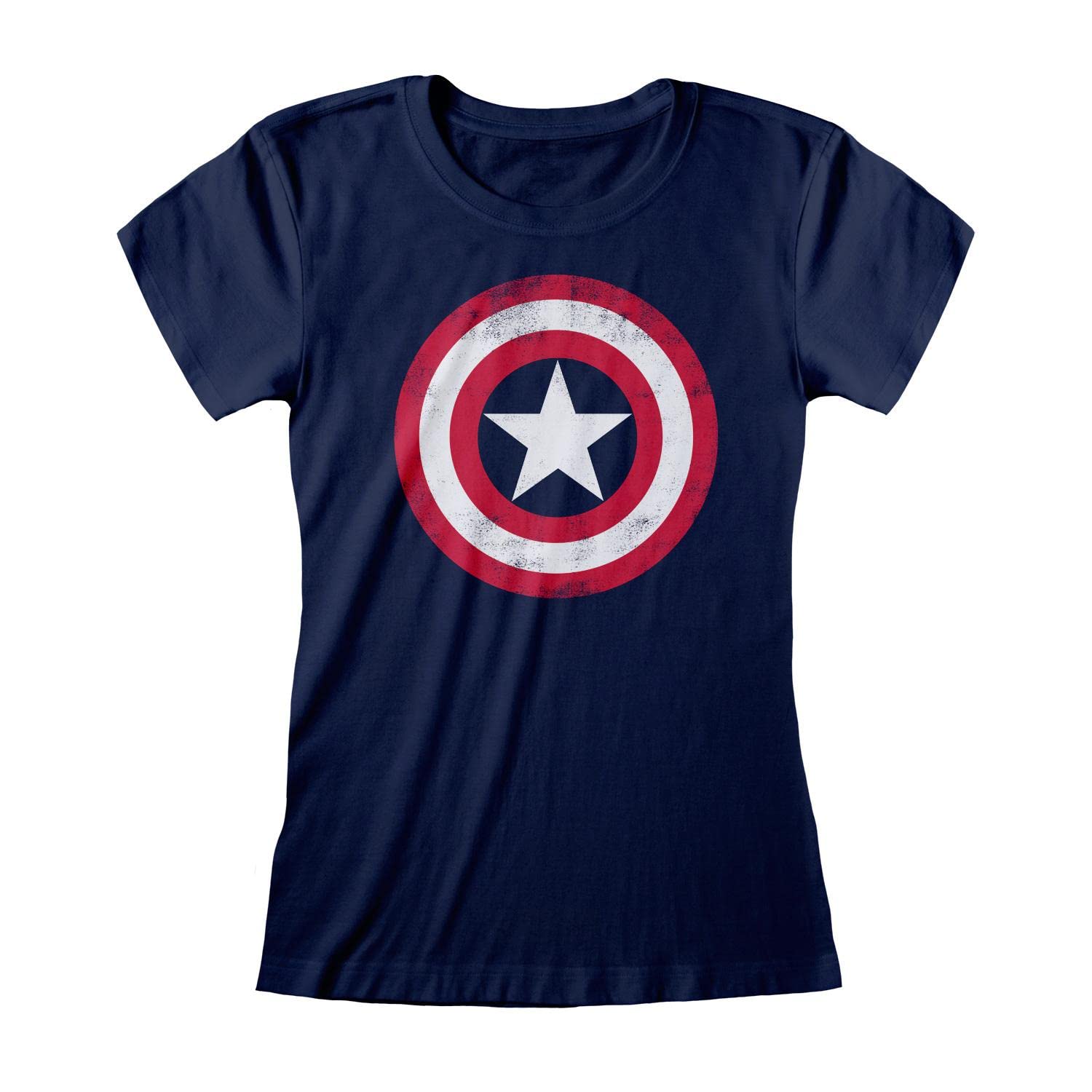 خرید از آمازون - Popgear Damen Marvel Avengers Assemble Captain America Distressed Shield زنانه تی شرت L Marine مجهز به نیروی دریایی