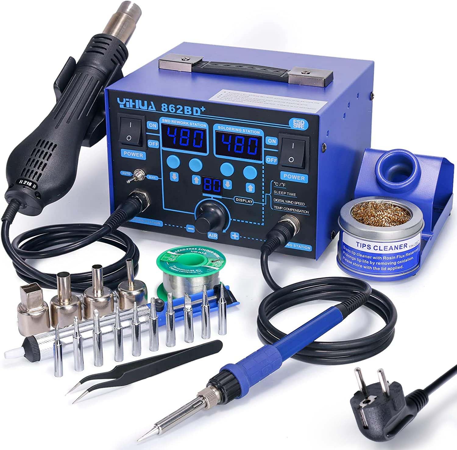 خرید از آمازون - ایستگاه تاچ‌آپ هوای داغ و ایستگاه لحیم کاری YIHUA 862BD+ SMD، ایستگاه 2 در 1 با عملکرد تثبیت‌کننده دما برای الکترونیک، پروژه‌های DIY، تاچ‌آپ‌ها، تعمیرات (EU PLUG)