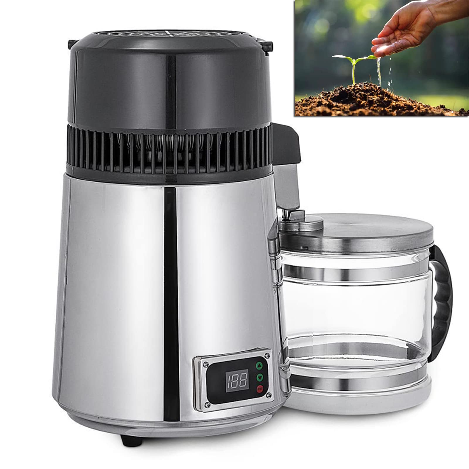 خرید از آمازون - foundGo Wasser Destilliergerät 4L Destillierer Edelstahl 750W Wasserdestilliergerät Reine Wasser Distiller,mit Glaskanne, 20ml/min,CE(SILBER)