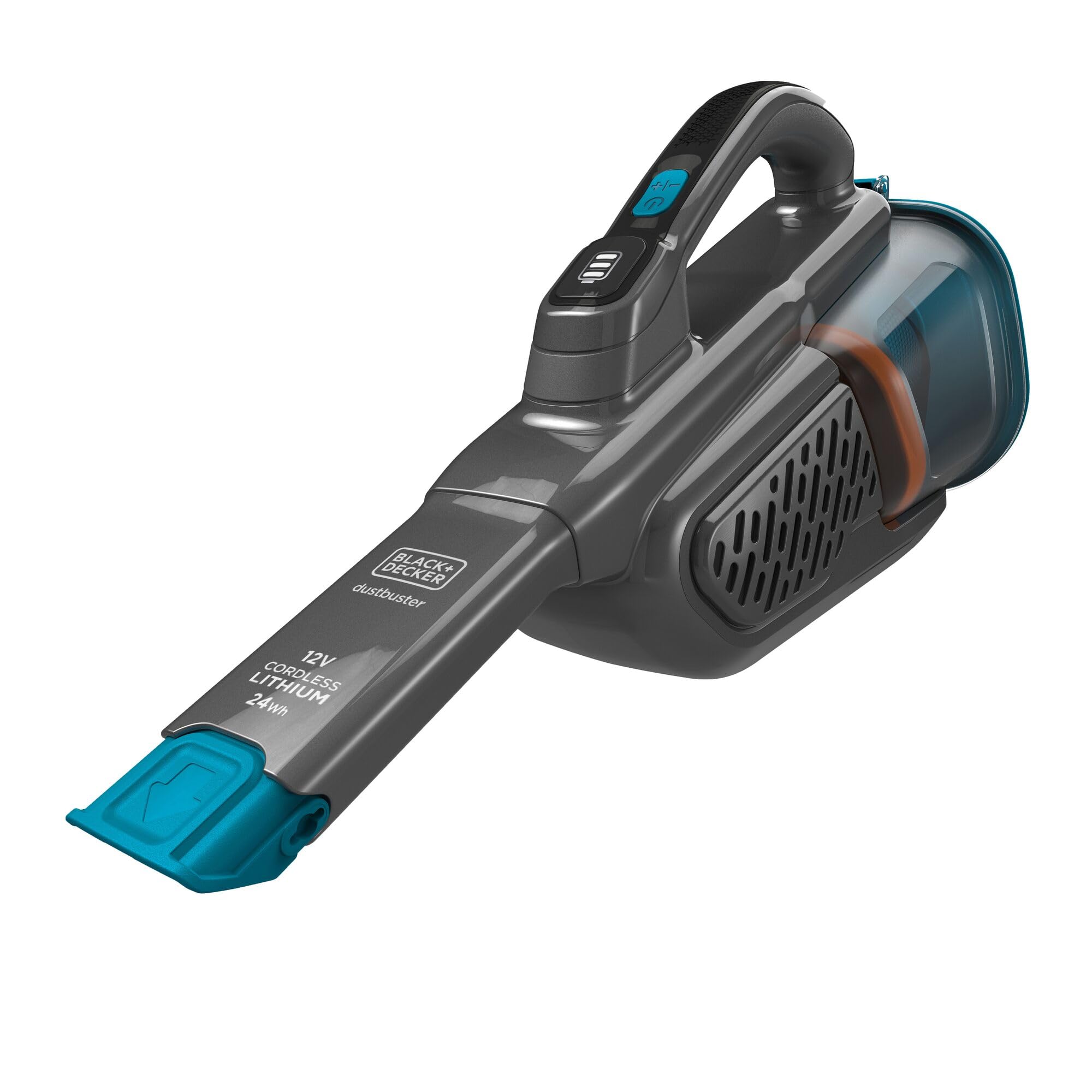 جارو شارژی بلک اند دکر آمریکا BLACK+DECKER Lithium Dustbuster BHHV320J با عملکرد سیکلونیک - 12 ولت، 25 AW، جاروبرقی دستی شارژی با نازل شکاف قابل افزایش و کابل شارژ - جاروبرقی بدون کیسه، بی سیم - تیتانیوم/آبی