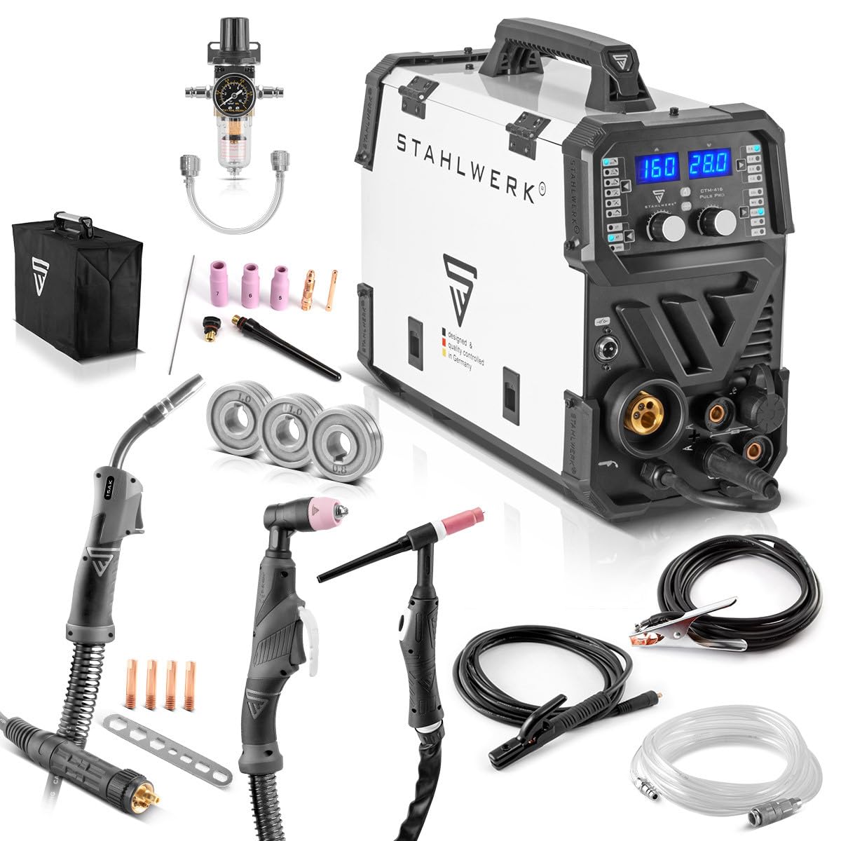 دستگاه جوش ترکیبی 6 کاره STAHLWERK مدل CTM-416 Puls Pro - برش، تیگ، میگ مگ، پالس، MMA، شار، با توان 160 آمپر، برش پلاسما 40 آمپر، جرقه زن HF، عملکرد پالس برای آلومینیوم، تغذیه کننده سیم، چراغ LED