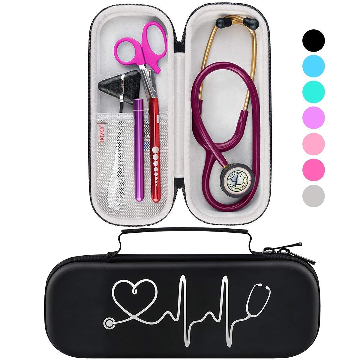 خرید از آمازون - قاب گوشی پزشکی BOVKE برای 3M Littmann Classic III، Lightweight II SE، MDF Acoustica Lightweight Stethoscope، فضای اضافی برای قیچی بانداژ پزشکی EMT Trauma Scissors و LED Penlight، مشکی B_Black