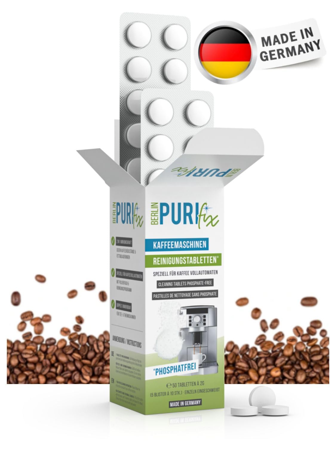 خرید از آمازون - قرص های پاک کننده BERLIN PURIFIX - بهینه شده و آزمایش شده برای دستگاه های قهوه ساز تمام اتوماتیک سری EQ زیمنس - سازگار با محیط زیست و ساخت آلمان - بسته بندی 50 برابری به صورت جداگانه