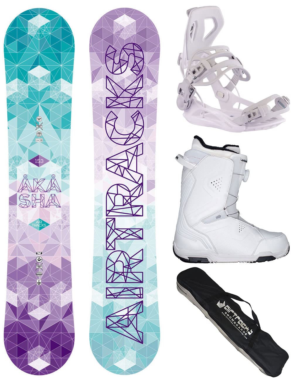 Airtracks Damen Snowboard Set Akasha Flat Zero Rocker + Bindung Master W Fastec + Snowboard Boots + Sb Bag / 144 147 150 153 cm Snowboard 144 cm Boots Star W 37